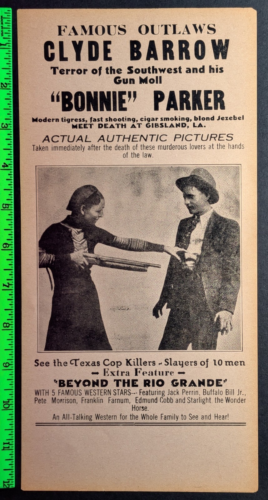 Vintage 1934 Bonnie & Clyde Paper Handbill Flyer (Tiny Edge Tear) Vintage 1934 Bonnie & Clyde Paper Handbill Flyer (Tiny Edge Tear)