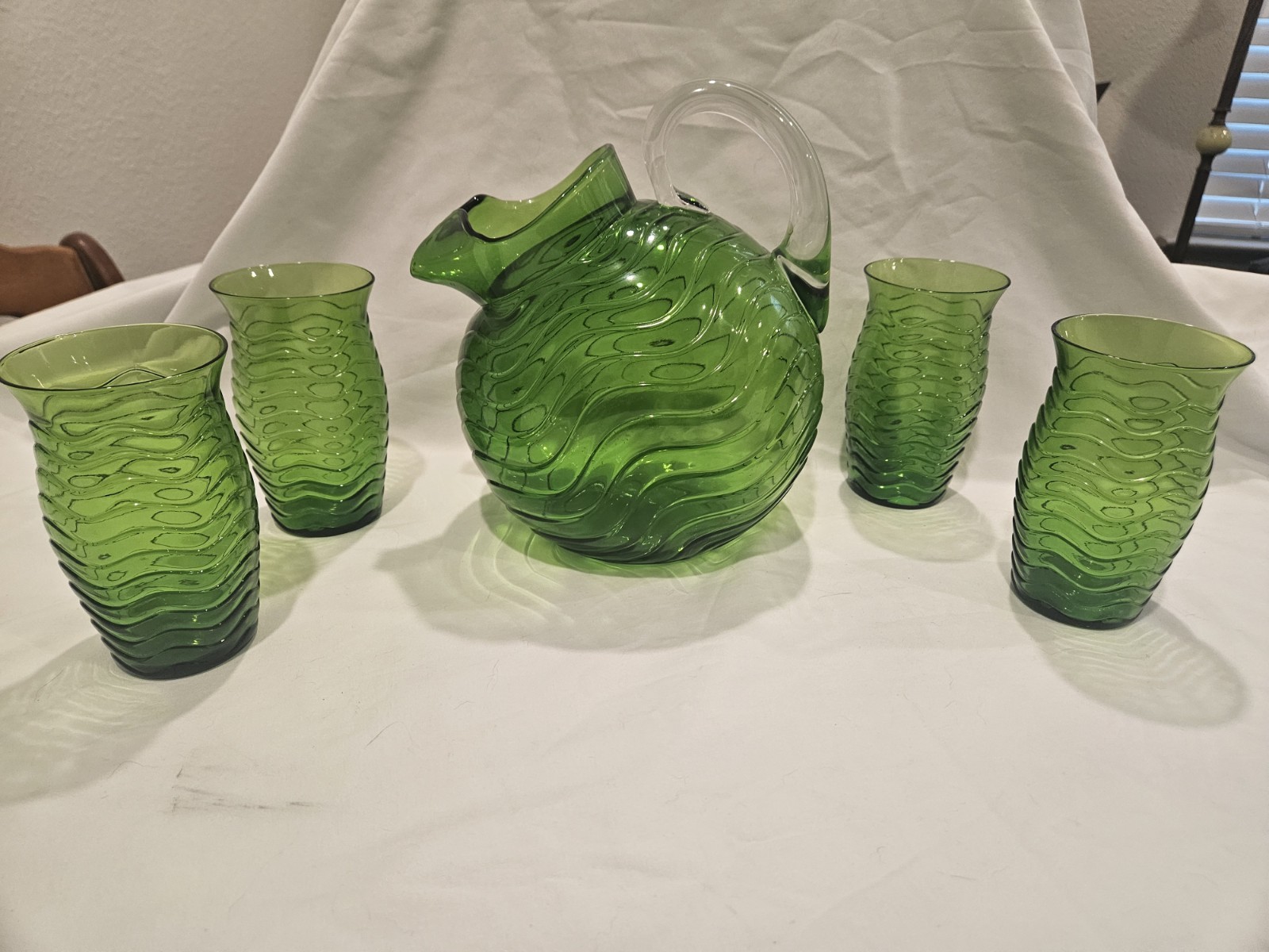 1930's IMPERIAL GLASS: GREEN 5 PIECE SET Tilt Pitcher/Glasses Wave Design 1930's IMPERIAL GLASS: GREEN 5 PIECE SET Tilt Pitcher/Glasses Wave Design