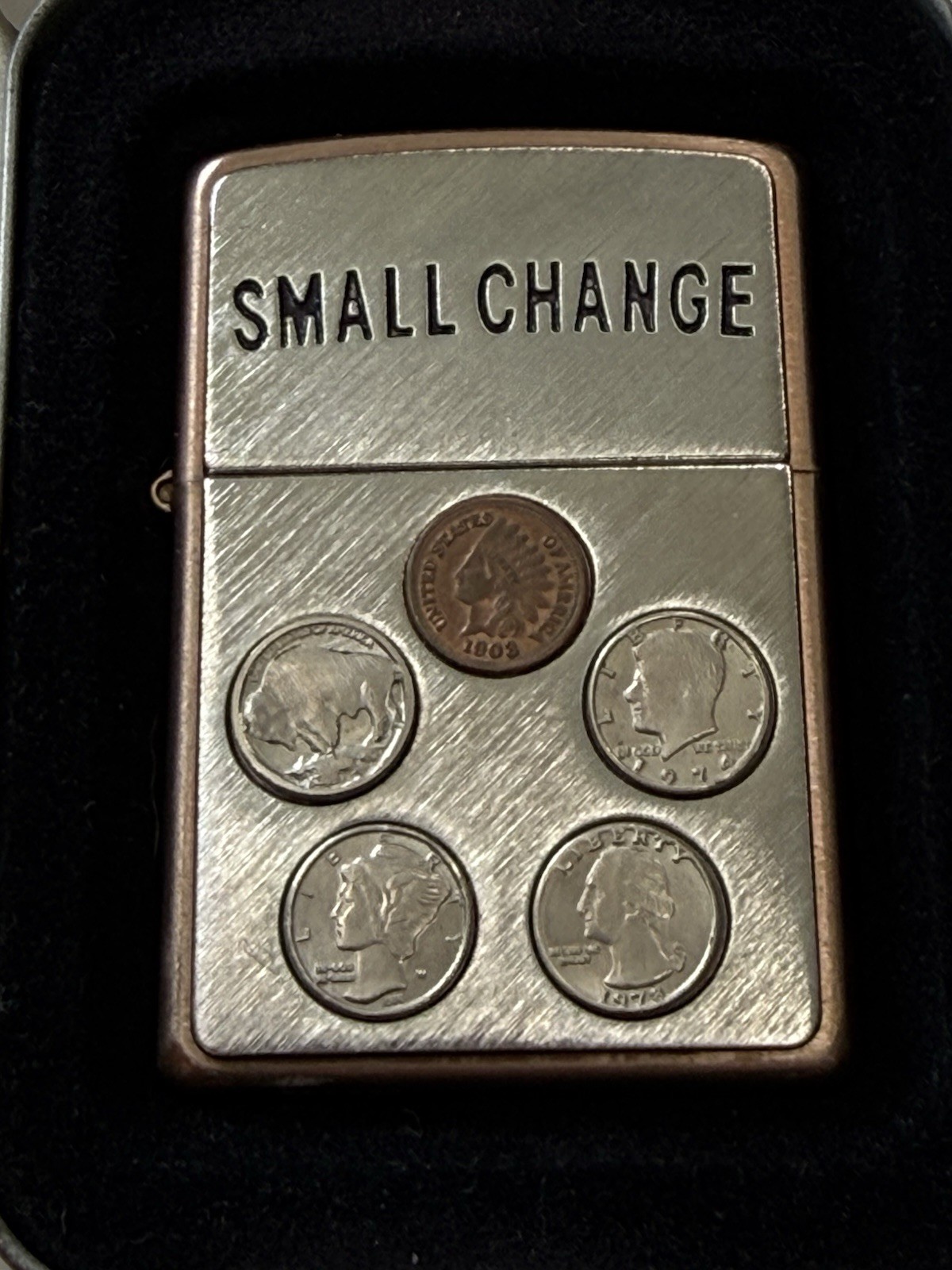 ZIPPO 2003 SMALL CHANGE COPPER LIGHTER SEALED IN BOX H439 ZIPPO 2003 SMALL CHANGE COPPER LIGHTER SEALED IN BOX H439