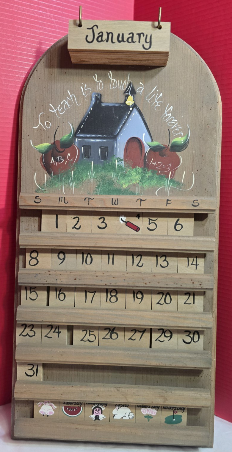 VINTAGE WOOD PERPETUAL CALENDAR Wall Hanging HANDPAINTED Schoolhouse Teacher VINTAGE WOOD PERPETUAL CALENDAR Wall Hanging HANDPAINTED Schoolhouse Teacher
