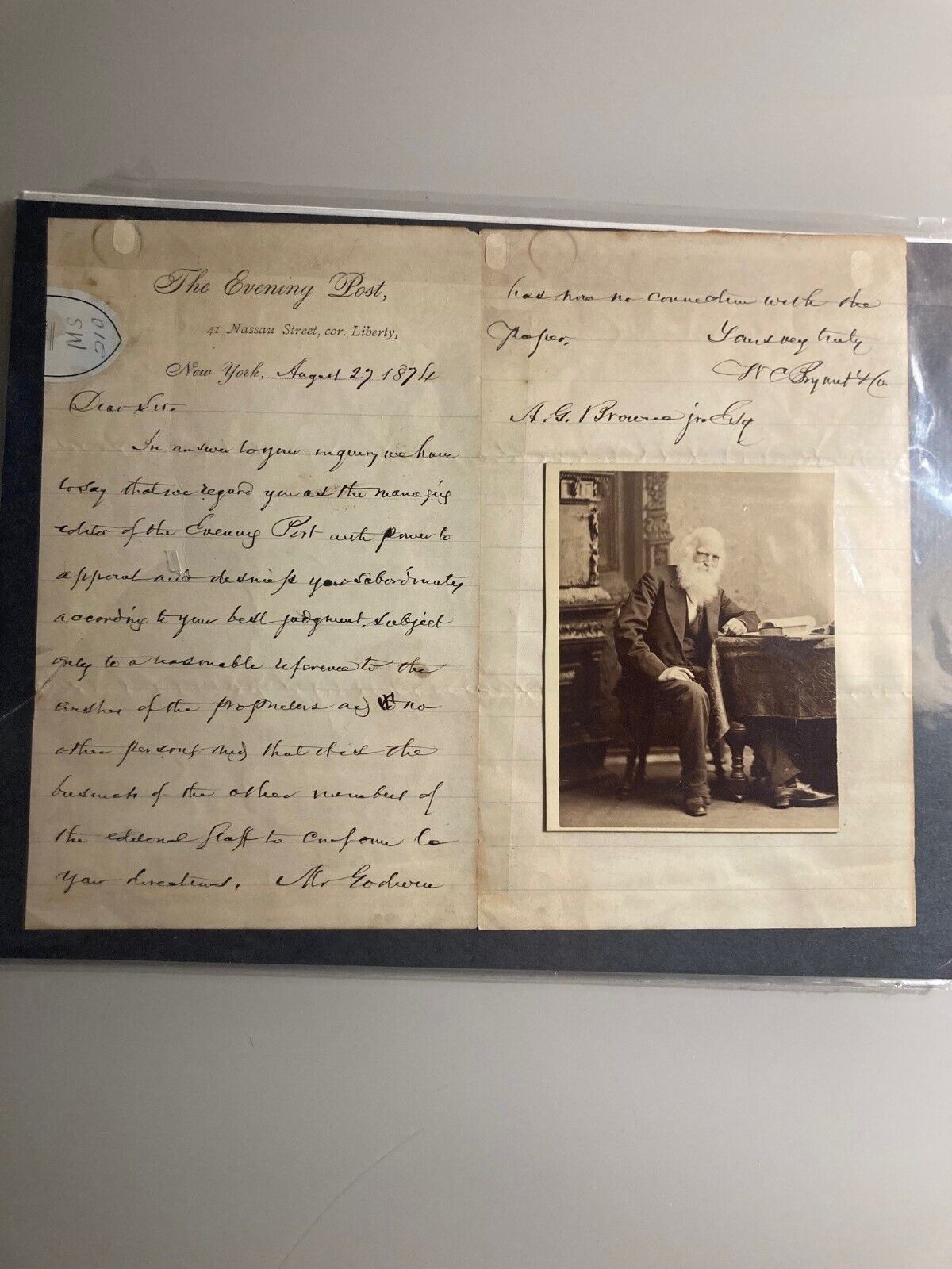 William Cullen Bryant - 1874 Autographed Letter Signed - The Evening Post JSA