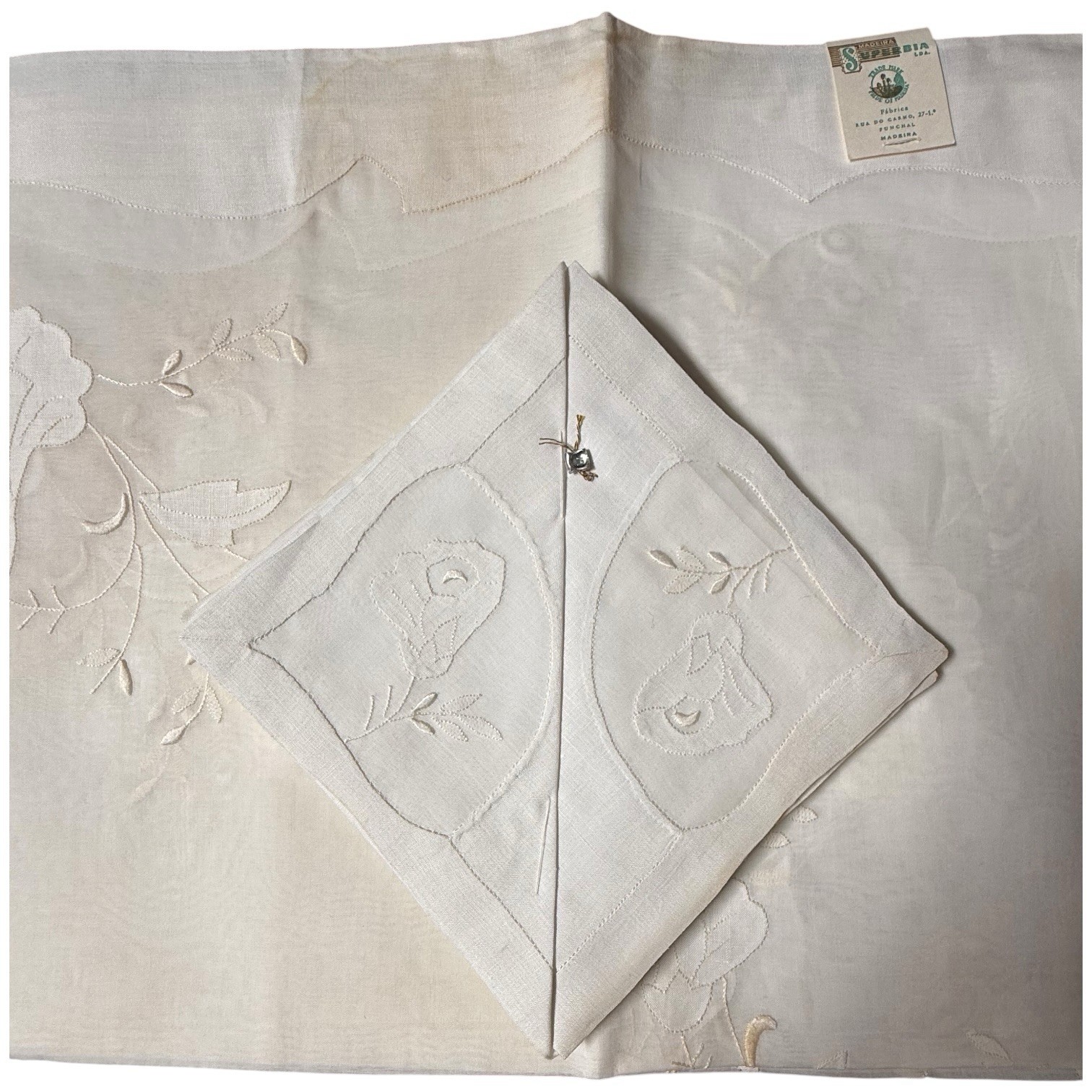 Vtg Madeira Superbia Portugal Linen Embroidered Tablecloth 6 Napkins 52