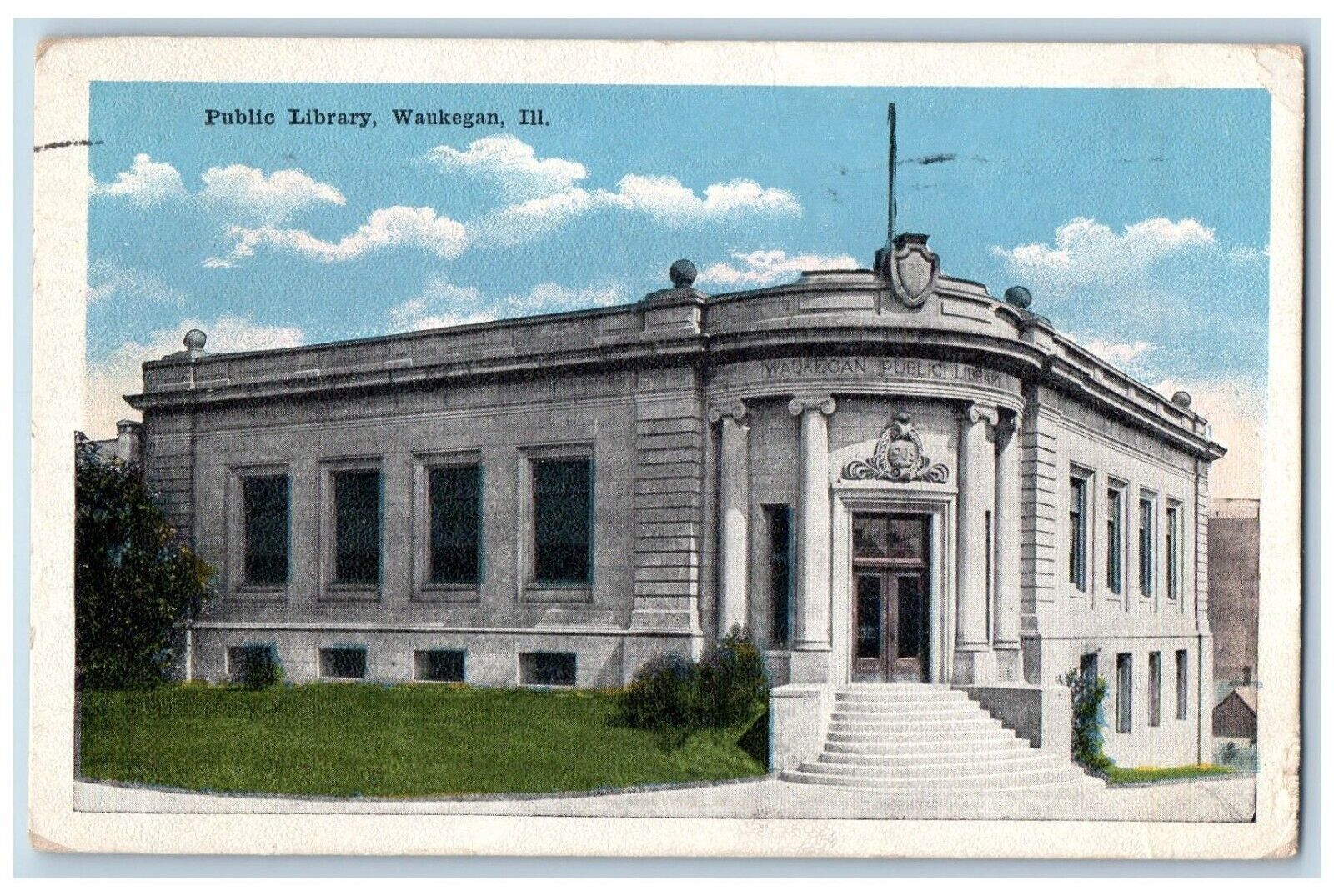 Waukegan Illinois Postcard Public Library Exterior Building 1918 Vintage Antique