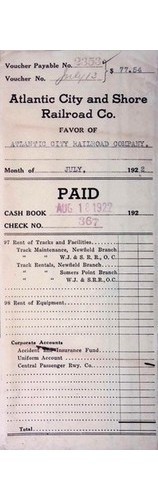 1922 Atlantic City Railroad Voucher Ocean City NJ Accounting A J County