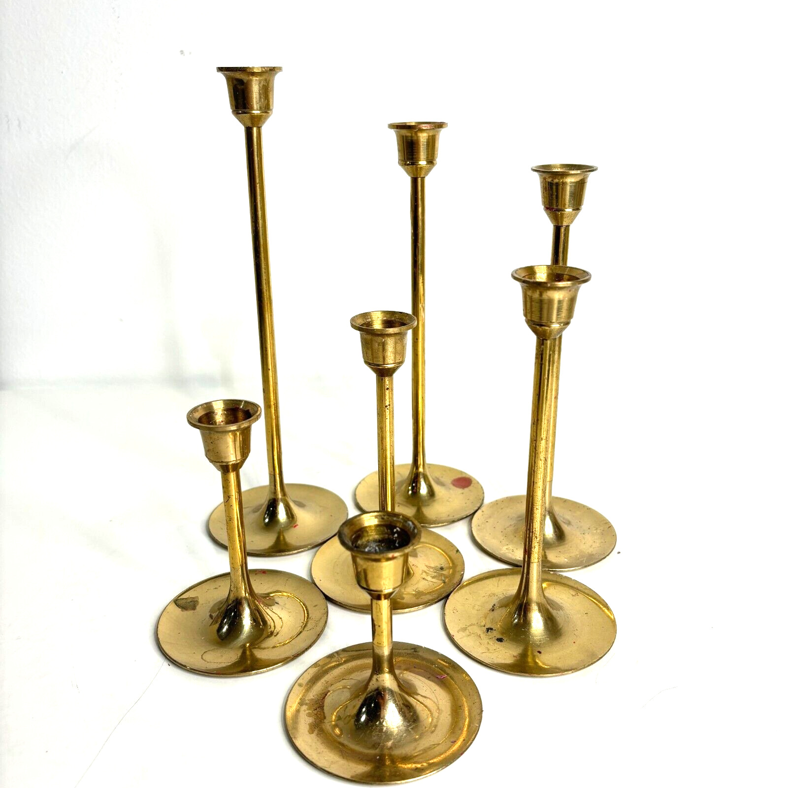 Vintage MCM Solid Brass Taper Candle Holders Skinny Candlesticks Graduated Set 7
