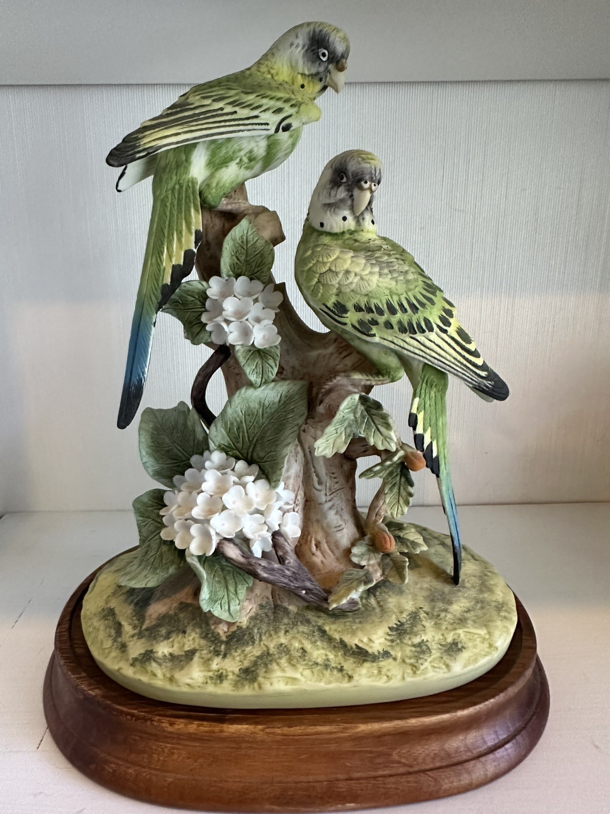 Andrea By Sadek Green Parakeet Porcelain Figurine on Wood Base 10” Andrea By Sadek Green Parakeet Porcelain Figurine on Wood Base 10”