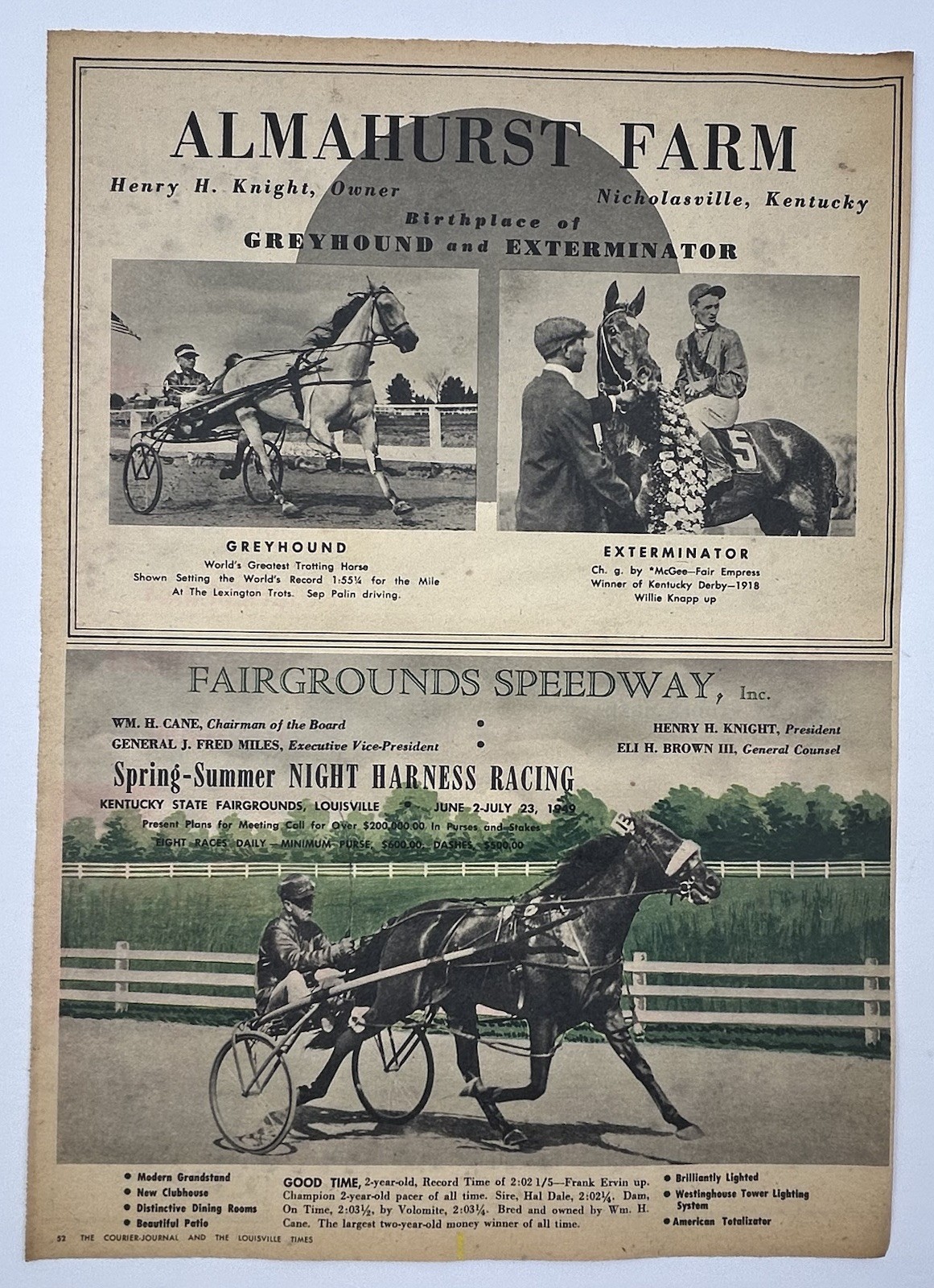 1949 Almahurst Farm Greyhound Exterminator Fairgrounds Speedway Harness Race G-6 1949 Almahurst Farm Greyhound Exterminator Fairgrounds Speedway Harness Race G-6