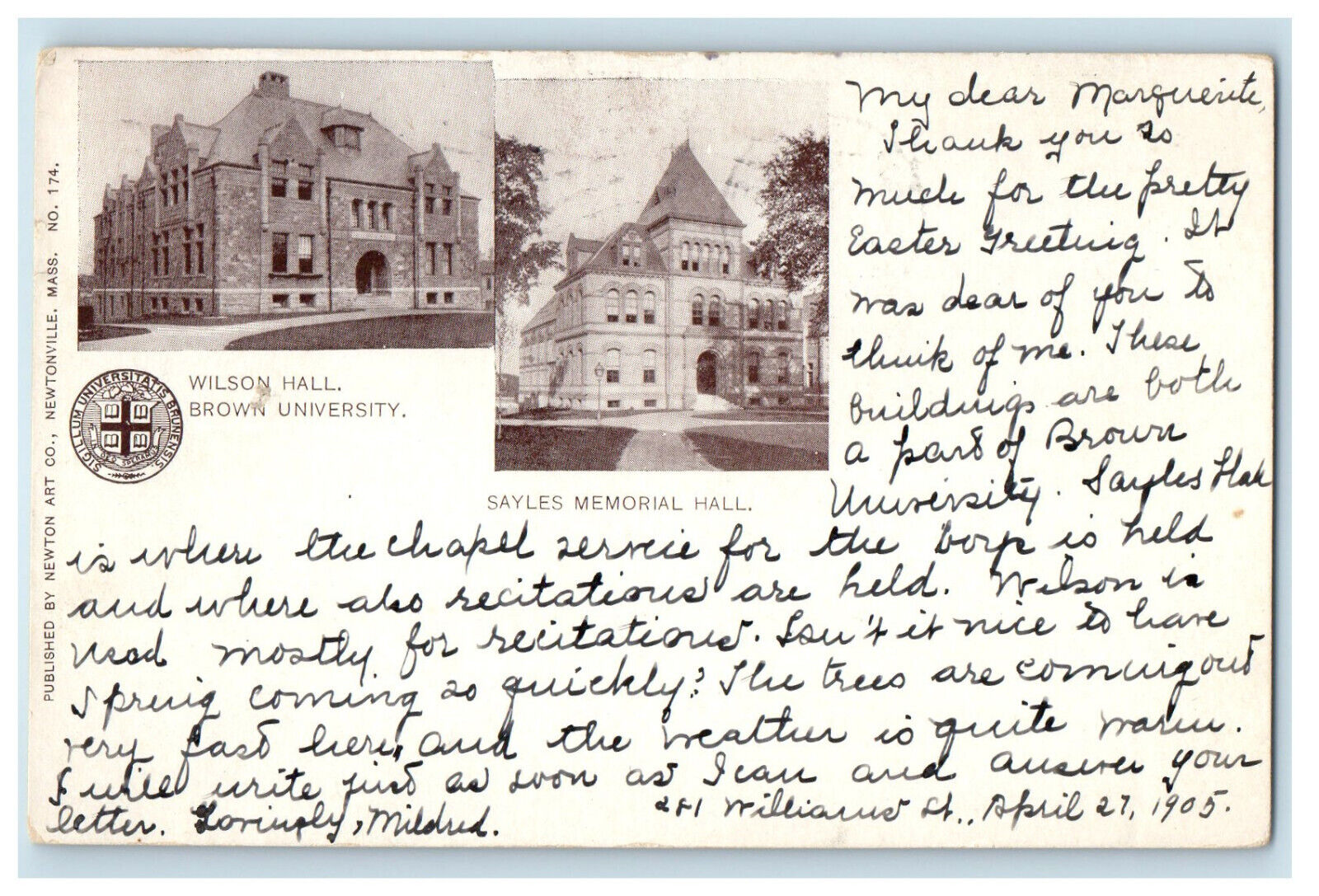 1905 Wilson Hall Brown University Sayles Memorial Hall PMC Posted Postcard