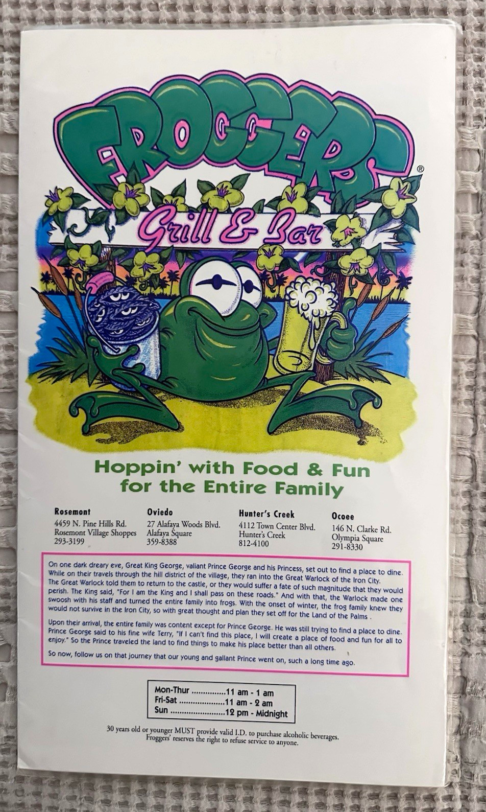 Vintage 1998 Froggers Grill Bar Menu Orlando Florida Rosemont Oviedo Ocoee Rare Vintage 1998 Froggers Grill Bar Menu Orlando Florida Rosemont Oviedo Ocoee Rare
