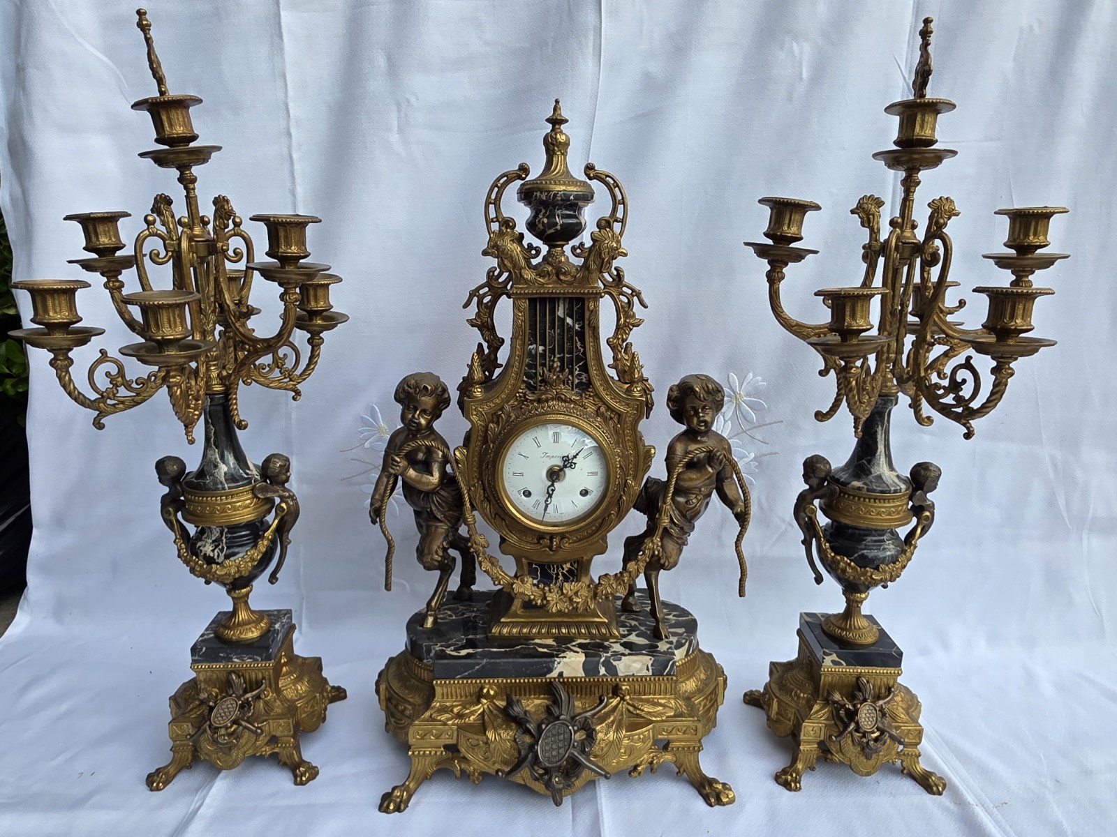 ​Vintage Italian Imperial Brevettato 3-Piece Clock Garniture Set - Working w/Key
