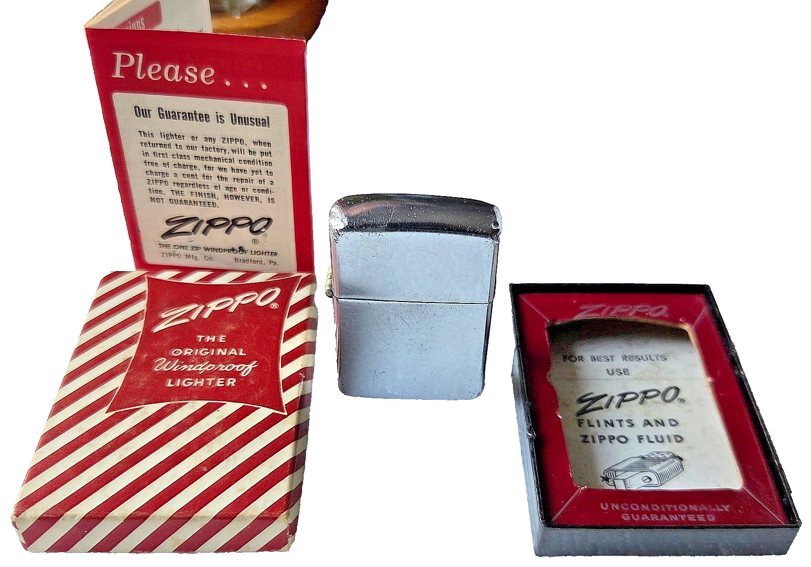Vintage 1967 Zippo Lighter Plain Chrome w/ Rare 1950s Candy Stripe Box & Paper Vintage 1967 Zippo Lighter Plain Chrome w/ Rare 1950s Candy Stripe Box & Paper