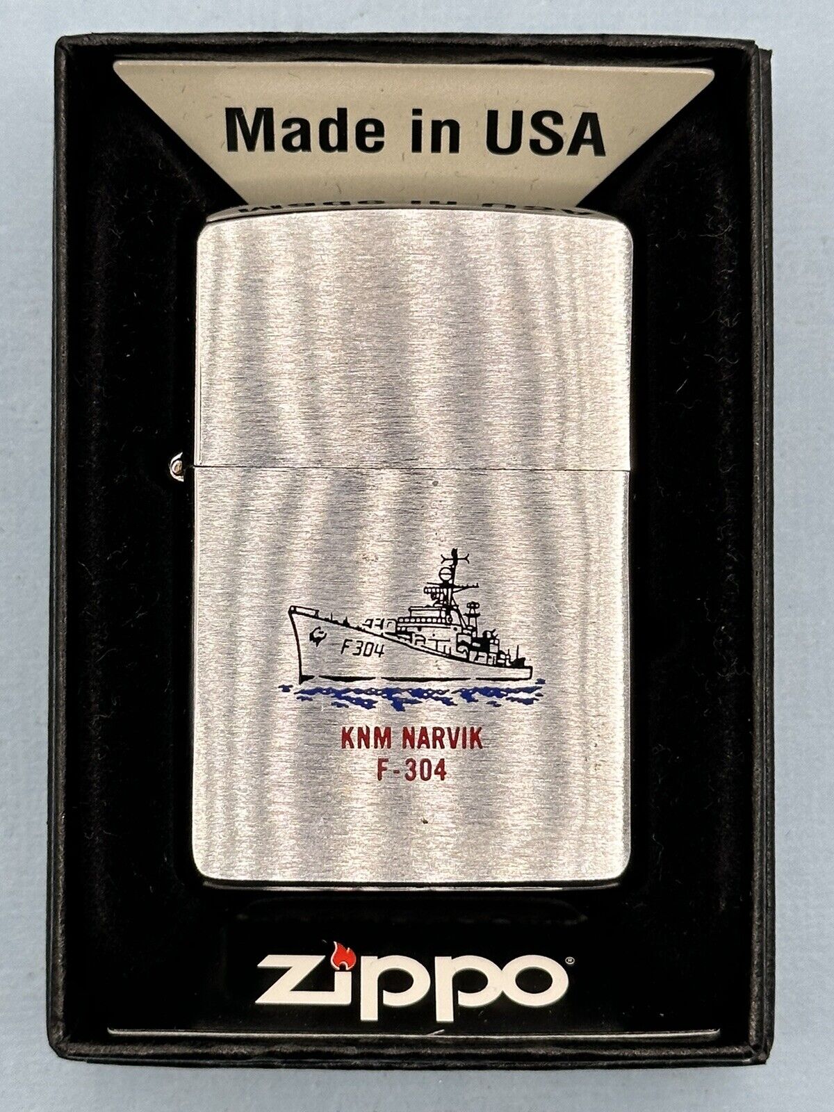 Vintage 1993 KNM Narvik F-304 War Ship Double Sided Chrome Zippo Lighter