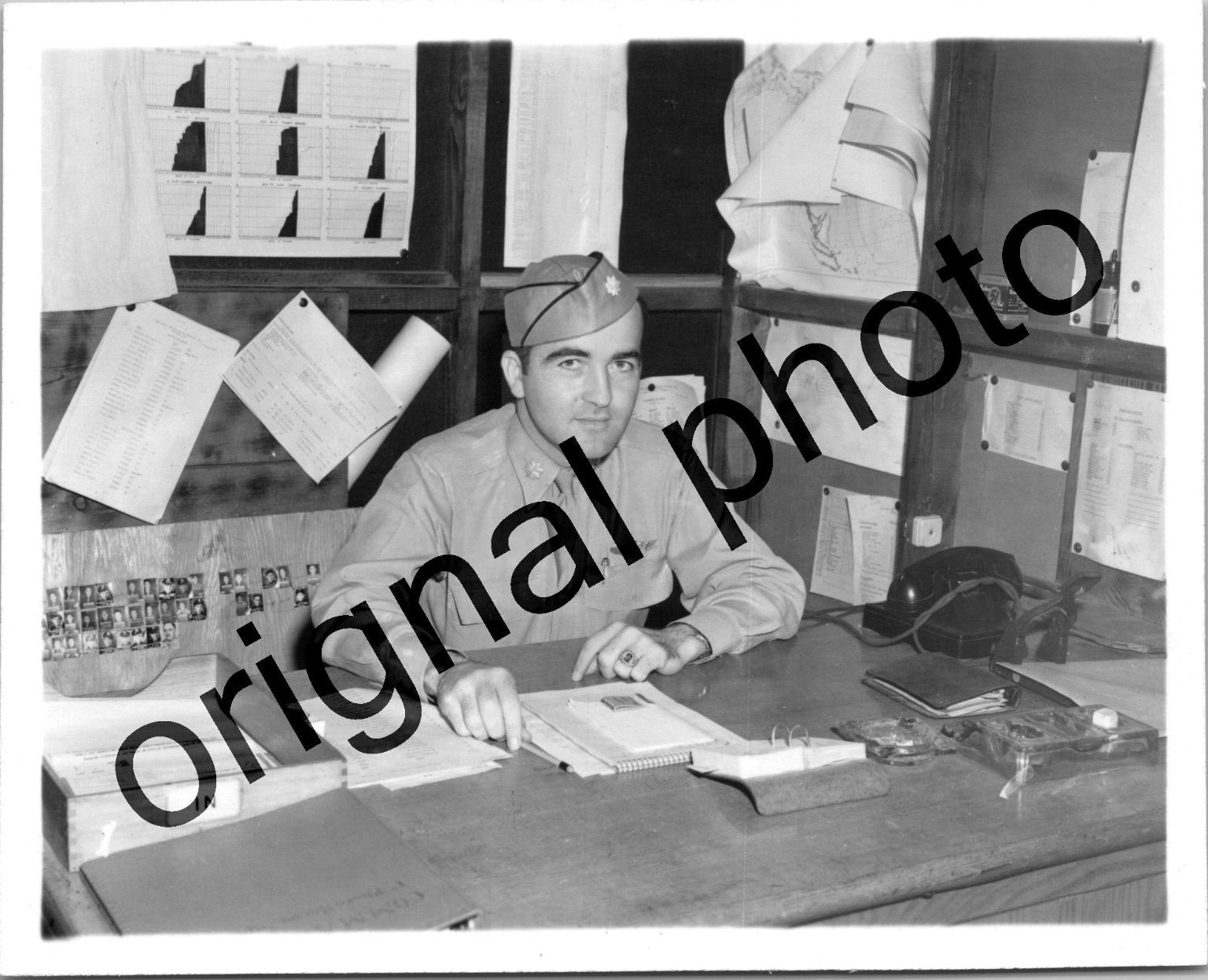 WWII US Military Officer Desk Portrait Photo Original 1940s Vintage Soldier