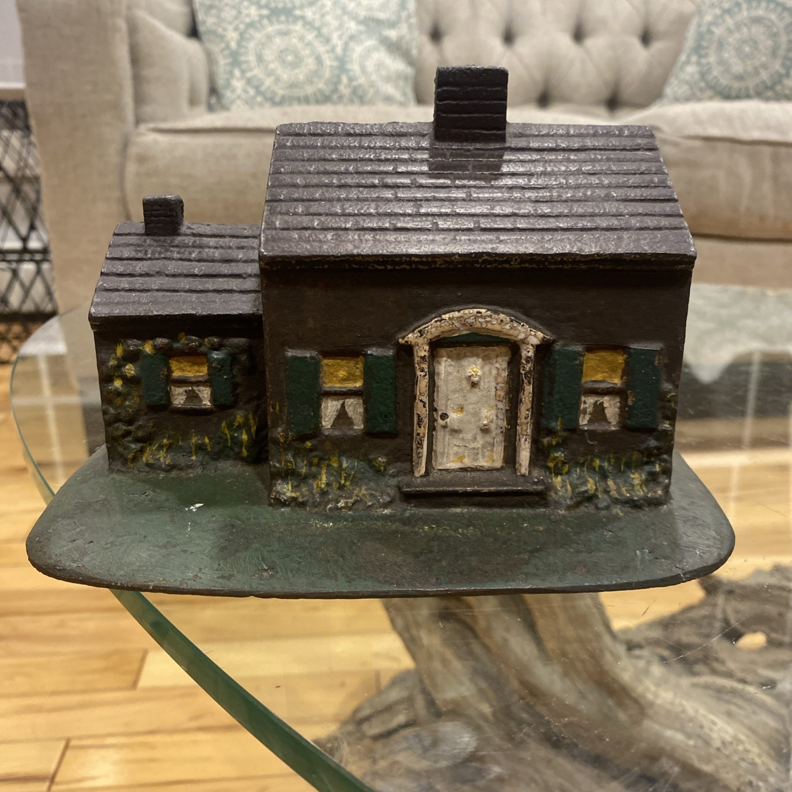 Vintage Cast Iron Painted Cape Cod Green Yellow Cottage Doorstop 1920’s-1940’s Vintage Cast Iron Painted Cape Cod Green Yellow Cottage Doorstop 1920’s-1940’s
