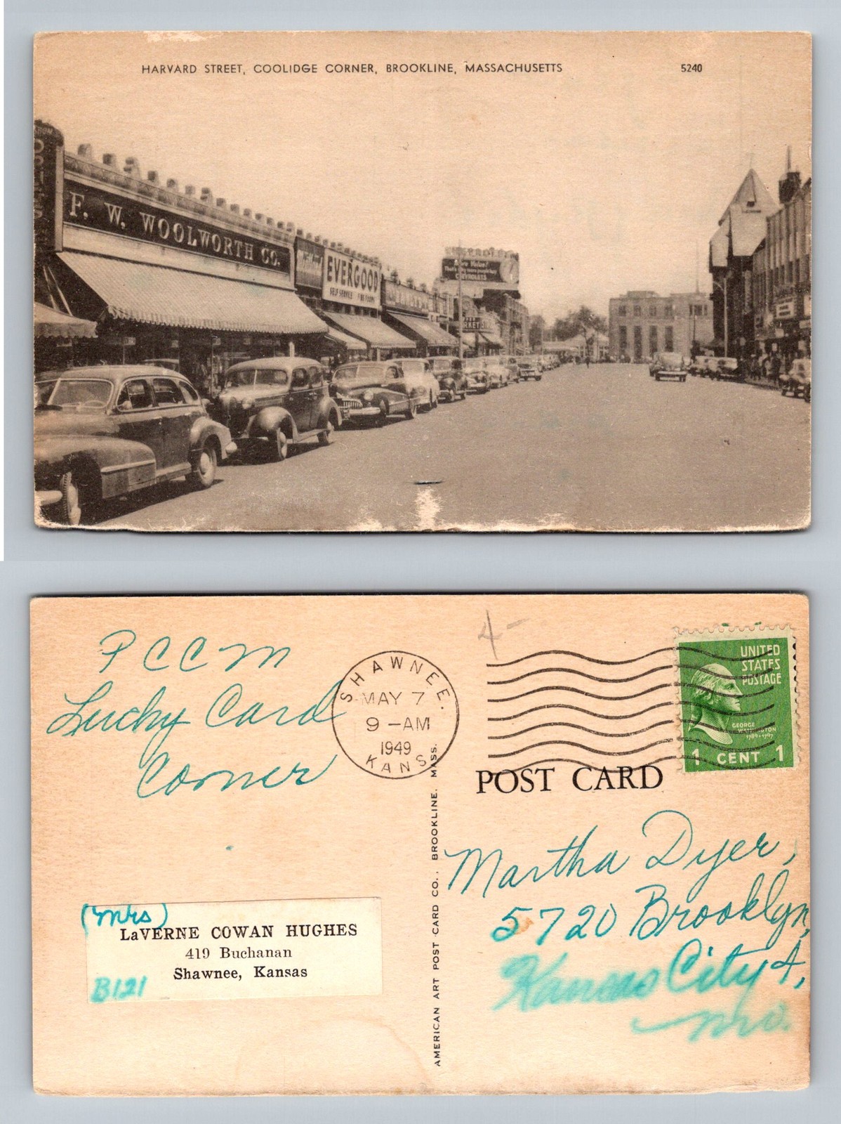 Brookline, MA-Massachusetts, Harvard St. Coolidge Corner Vintage c1949 Postcard