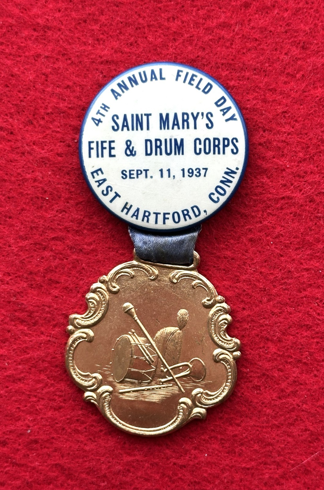 1937 Saint Mary’s Fife & Drum Corps Field Day Medal Badge – East Hartford CT