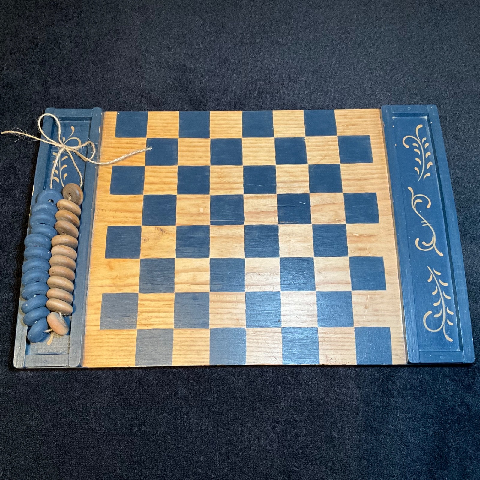 VTG Country Farm Wooden Checkerboard wSide Trays Blue/Wooden Primitive Folkart VTG Country Farm Wooden Checkerboard wSide Trays Blue/Wooden Primitive Folkart