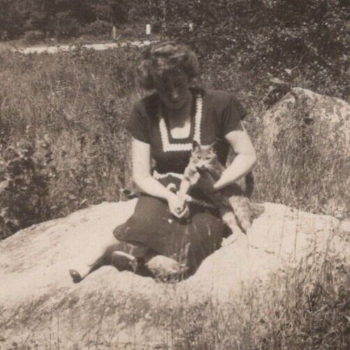 3P Photograph Woman Outside On Rock Portrait Holding Kitty Cat Kitten 1940\'s 