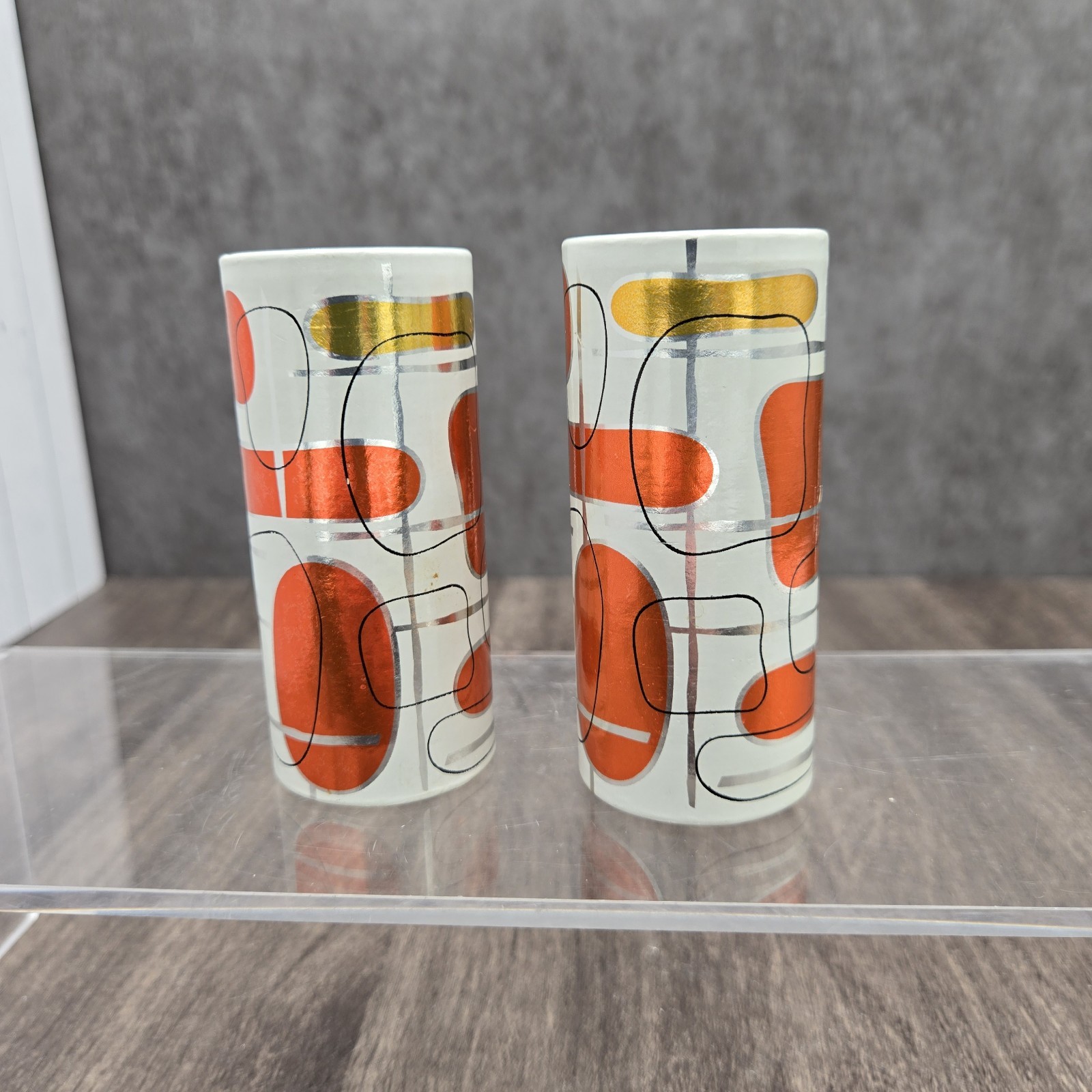 Vintage MCM Morton Salt Pepper Shakers Orange Gold Abstract Mid Century Modern Vintage MCM Morton Salt Pepper Shakers Orange Gold Abstract Mid Century Modern