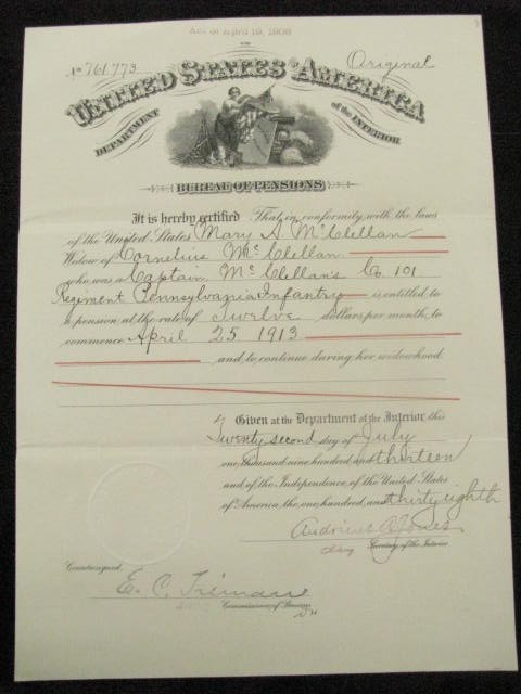 CIVIL WAR READING PENNSYLVANIA OFFICER\'S WIDOW PENSION 