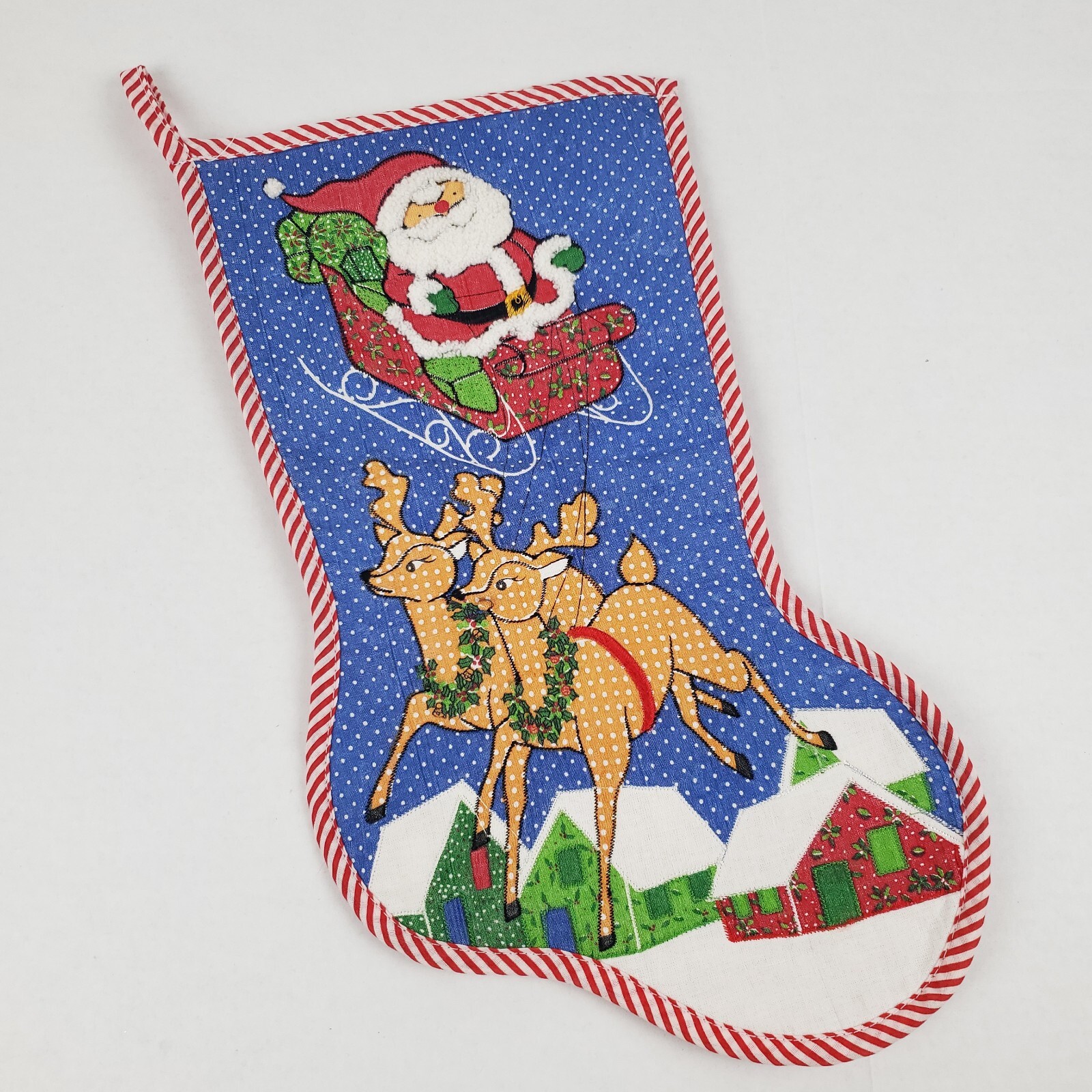 Vintage 80s Christmas Stocking Polka Dot Santa Sleigh Reindeer Fabric Applique Vintage 80s Christmas Stocking Polka Dot Santa Sleigh Reindeer Fabric Applique