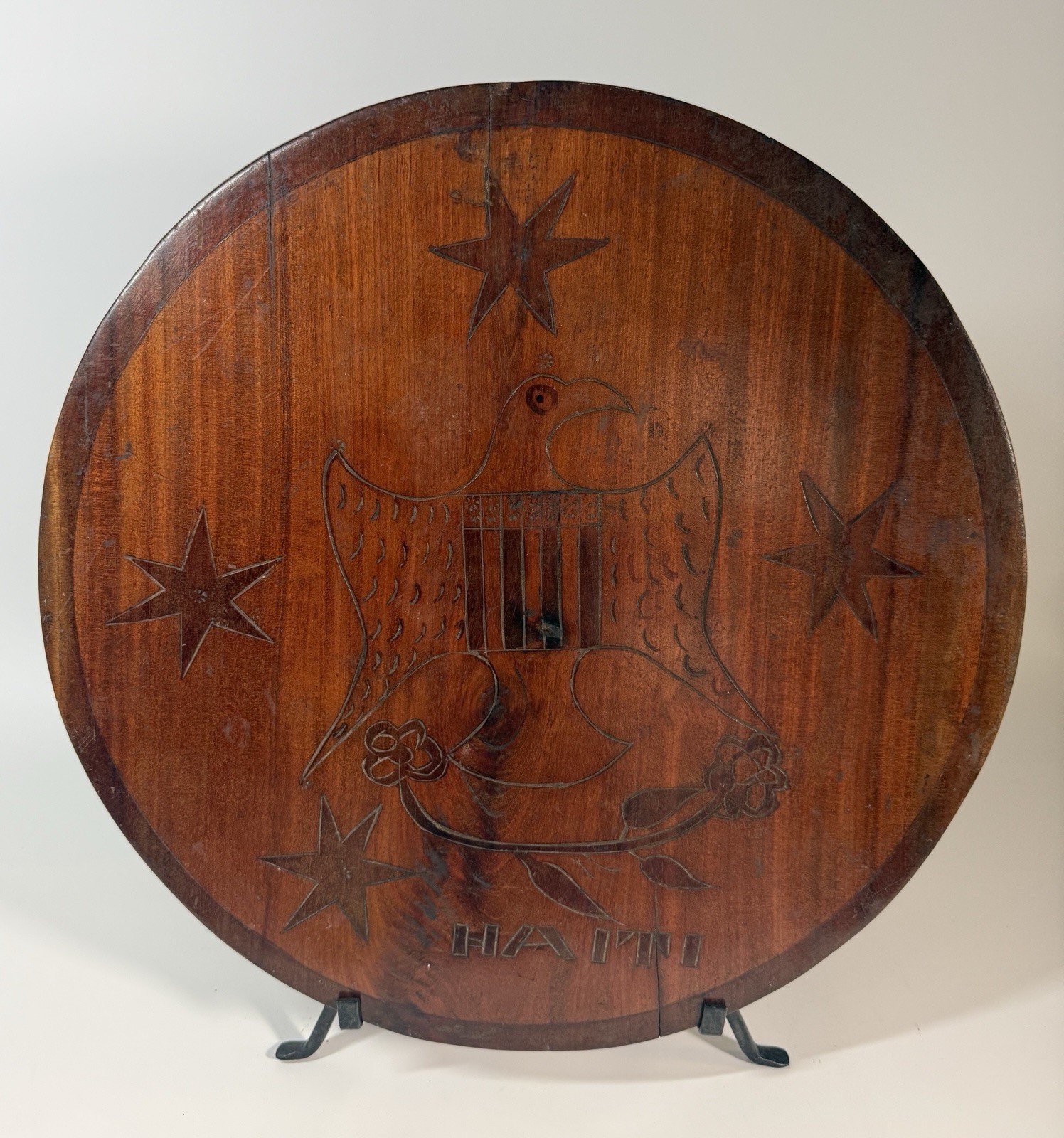 Vintage Haitian Hand Carved Wood Plaque 17” Haiti Bird Shield Stars Folk Art