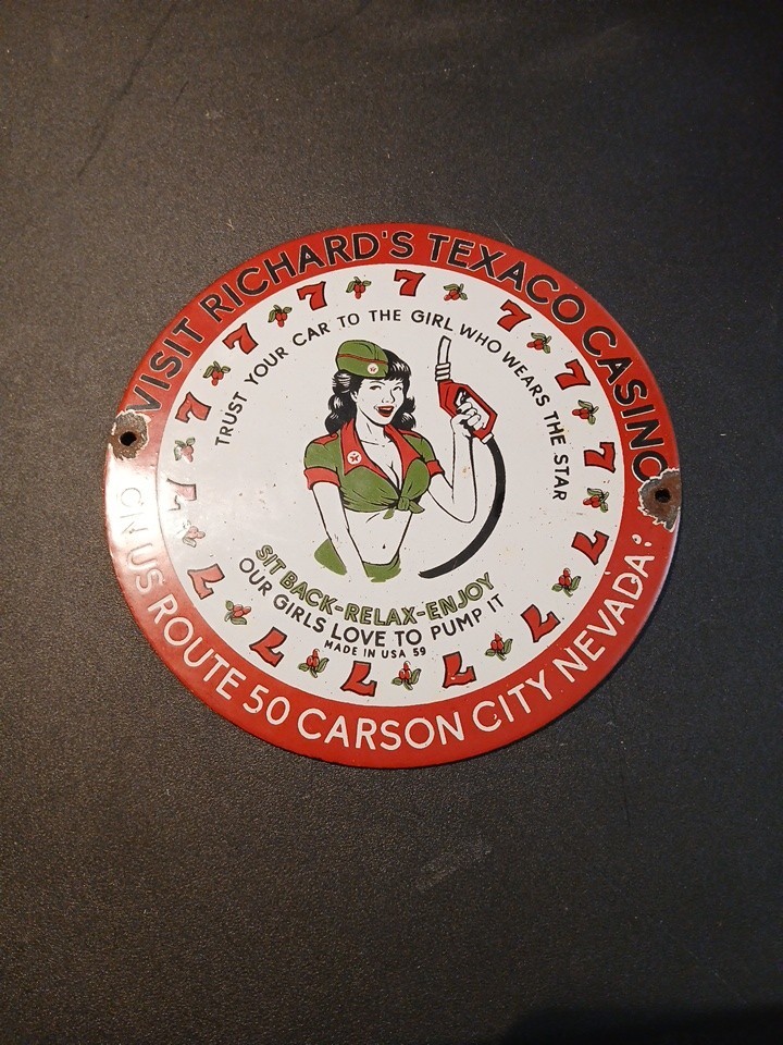 Vintage TEXACO CASINO ROUTE 50 Gas and Oil Porcelain Sign 12” Round Vintage TEXACO CASINO ROUTE 50 Gas and Oil Porcelain Sign 12” Round