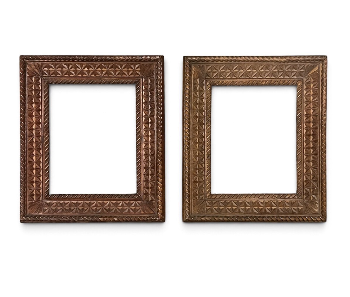 Antique Norwegian Folk Art Chip Carved Wood Picture Frames Pair 8x10