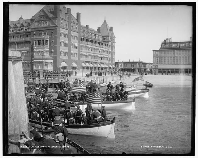 Photo:Hampton Roads Virginia 1900s Landing Party Naval Boats Flags