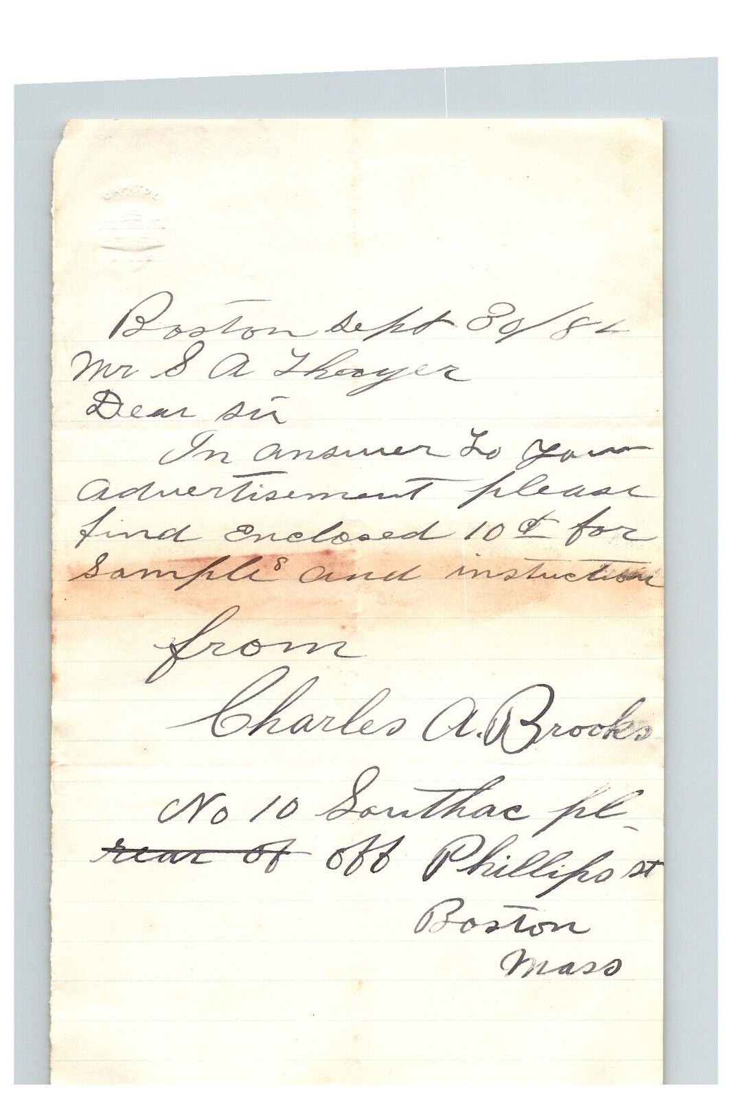 1884 Handwritten Letter Charles A Brooks Boston Massachusetts MA Family History