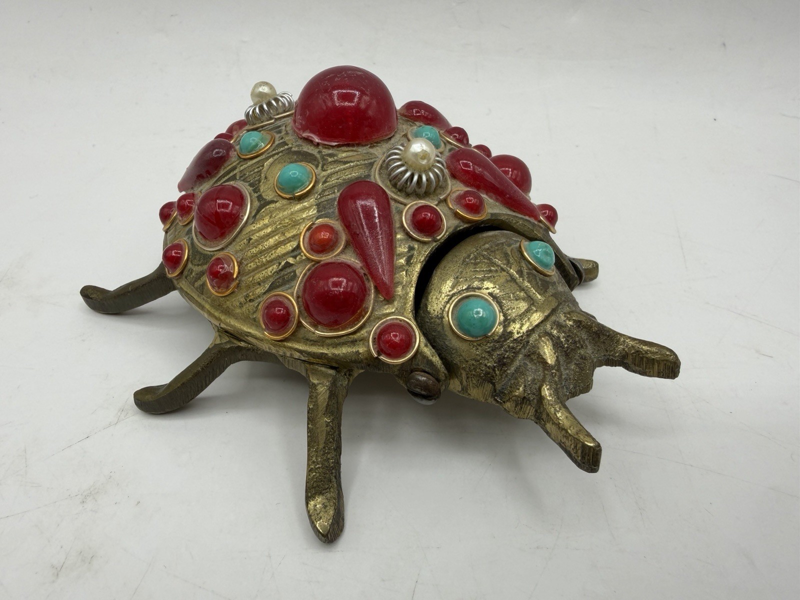 Vintage Jeweled Beetle Ashtray Trinket Box Brass Red Turquoise Insect