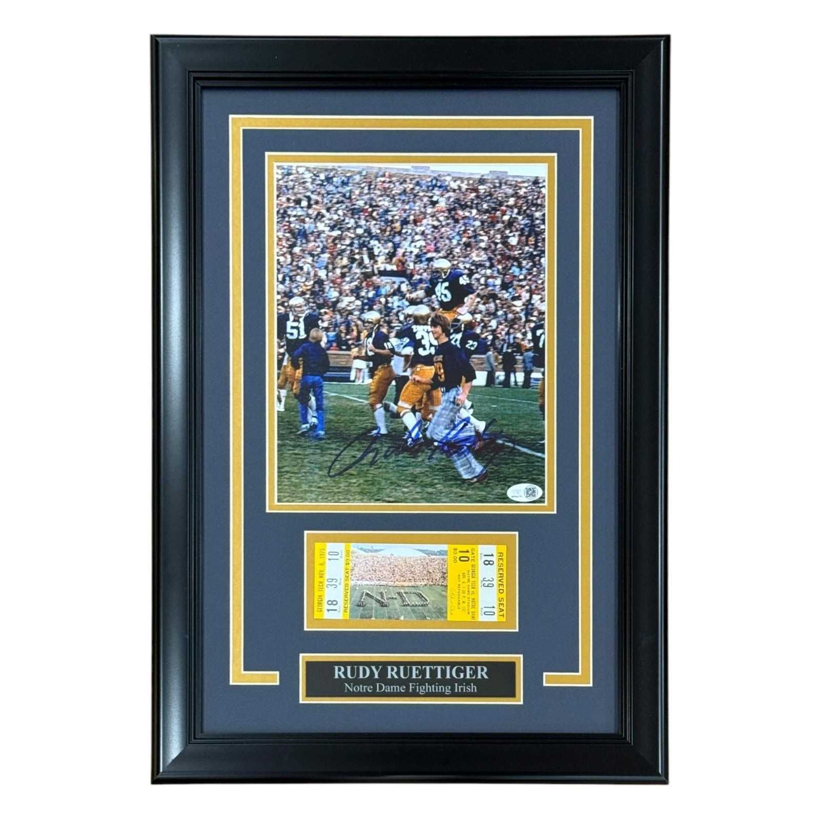 Rudy Ruettiger Autographed Notre Dame Deluxe Framed 8x10 Photo with Replica Game Rudy Ruettiger Autographed Notre Dame Deluxe Framed 8x10 Photo with Replica Game