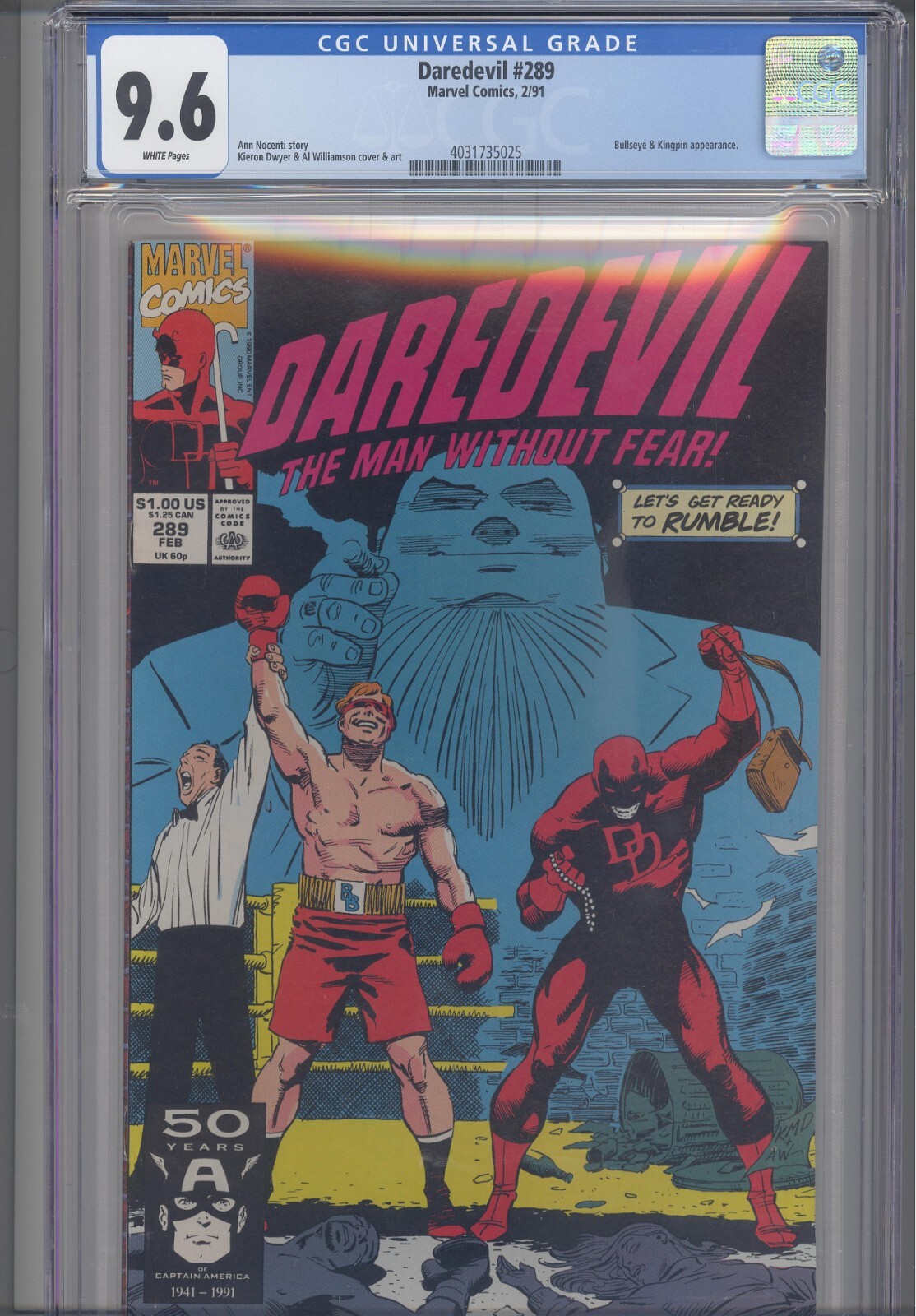 Daredevil #289 CGC 9.6 1991 Marvel Comics Al Williamson Cover Kingpin App