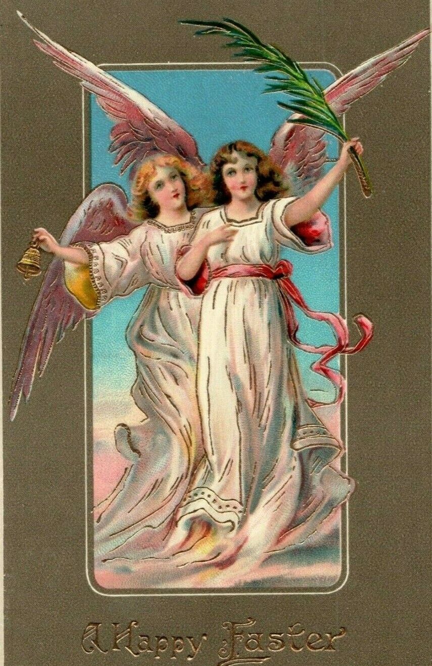 EAS Spectacular Easter Angels Gel Gold Gilt Germany c1910 Antique Postcard