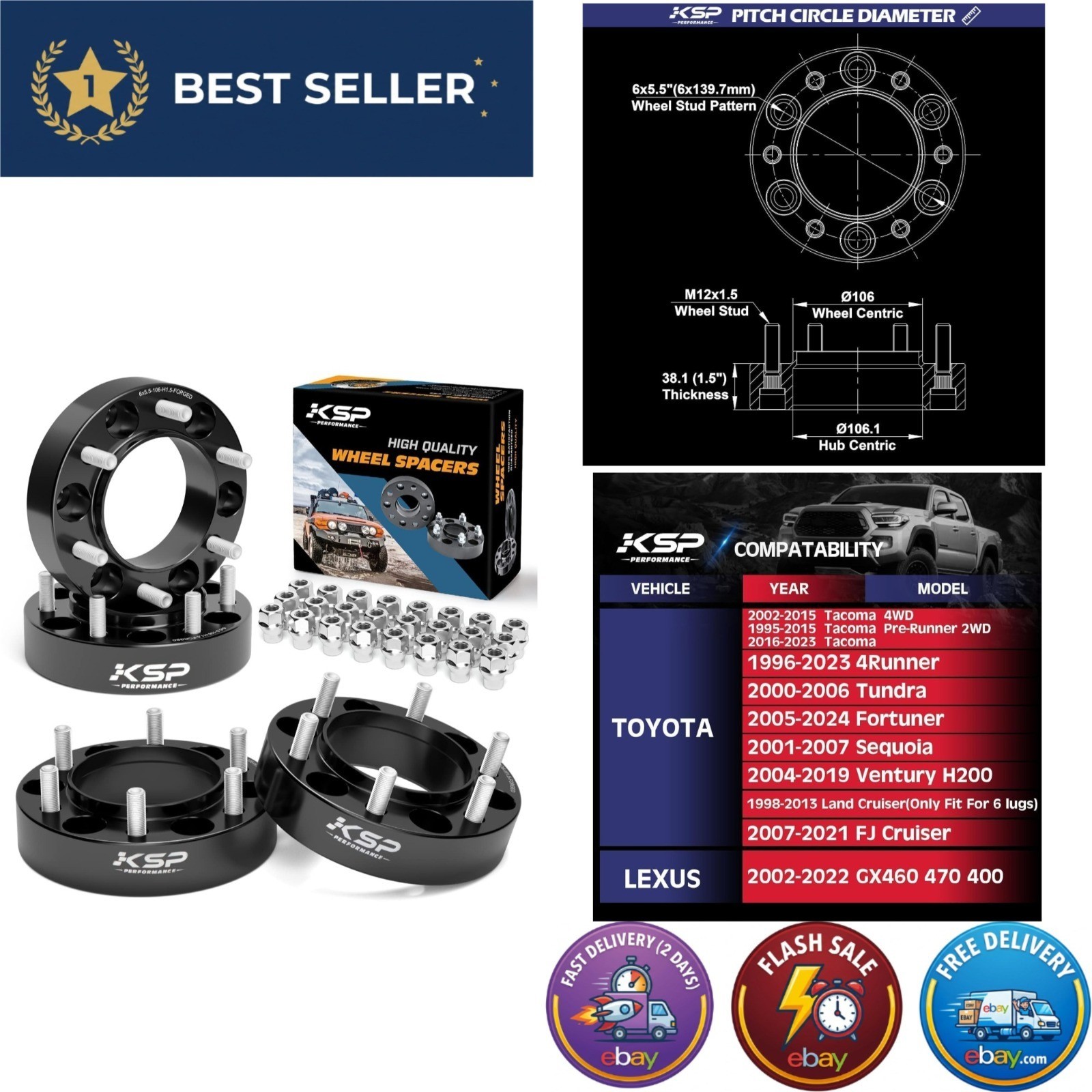 KSP 1.5in Wheel Spacers 6x5.5 Hubcentric Tacoma 4Runner 6-Lug KSP 1.5in Wheel Spacers 6x5.5 Hubcentric Tacoma 4Runner 6-Lug