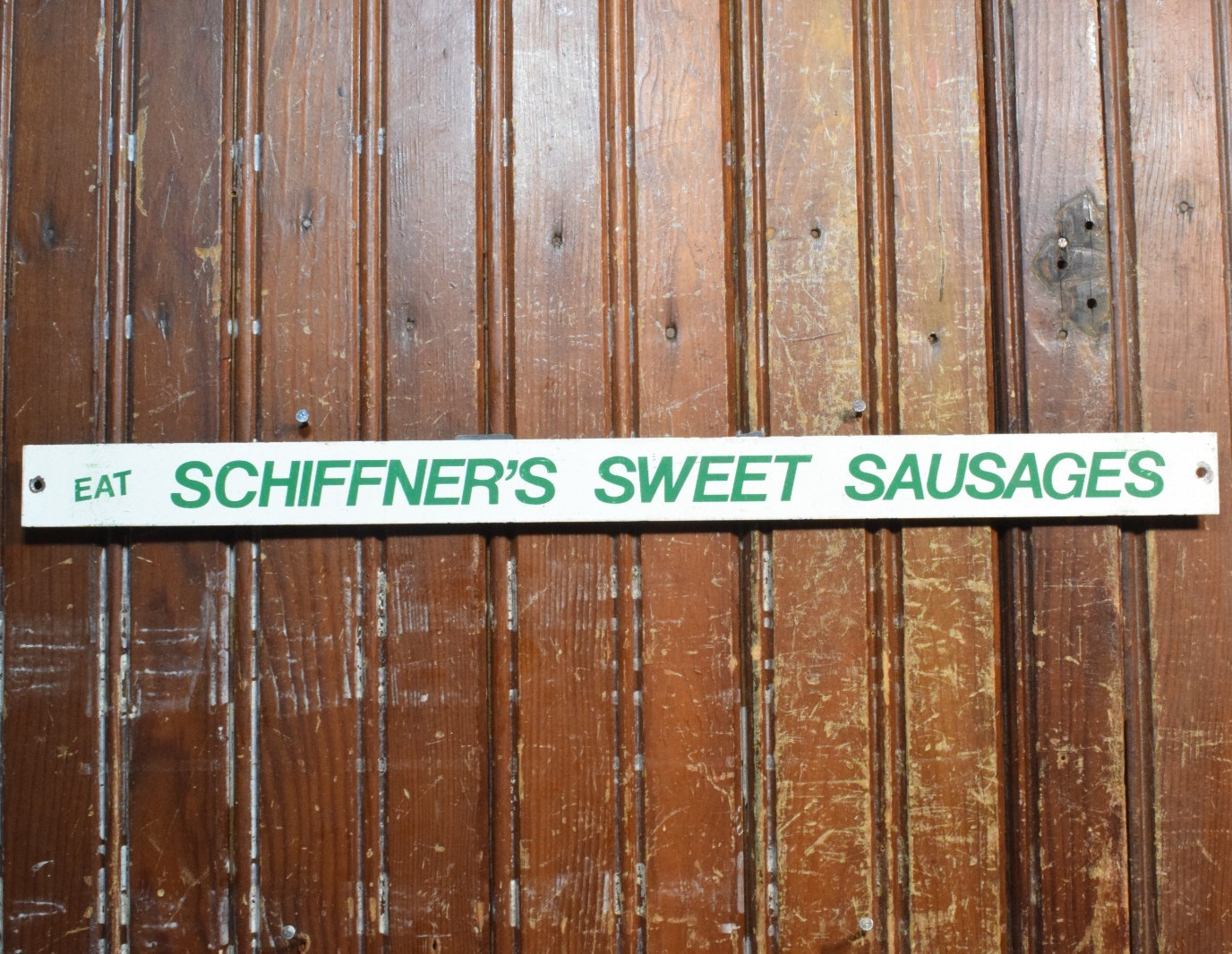 SCHIFFNER'S SWEET SAUSAGES PAINTED METAL SIGN VINTAGE 1950s GROCERY STORE DEALER SCHIFFNER'S SWEET SAUSAGES PAINTED METAL SIGN VINTAGE 1950s GROCERY STORE DEALER