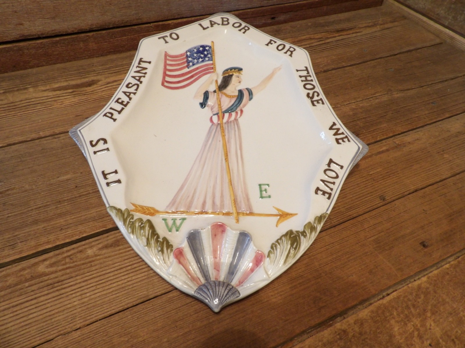 Vintage RARE Plate IT IS PLEASANT TO LABOR FOR THOSE WE LOVE USA Flag With Lady