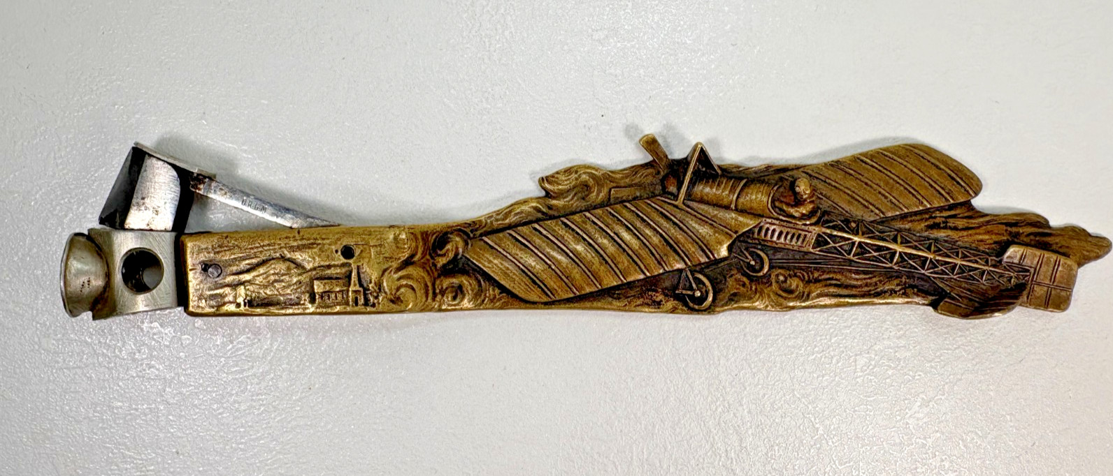 Rare Antique Hermann Schulder Solingen Bronze Airplane Pilot Cigar Cutter German