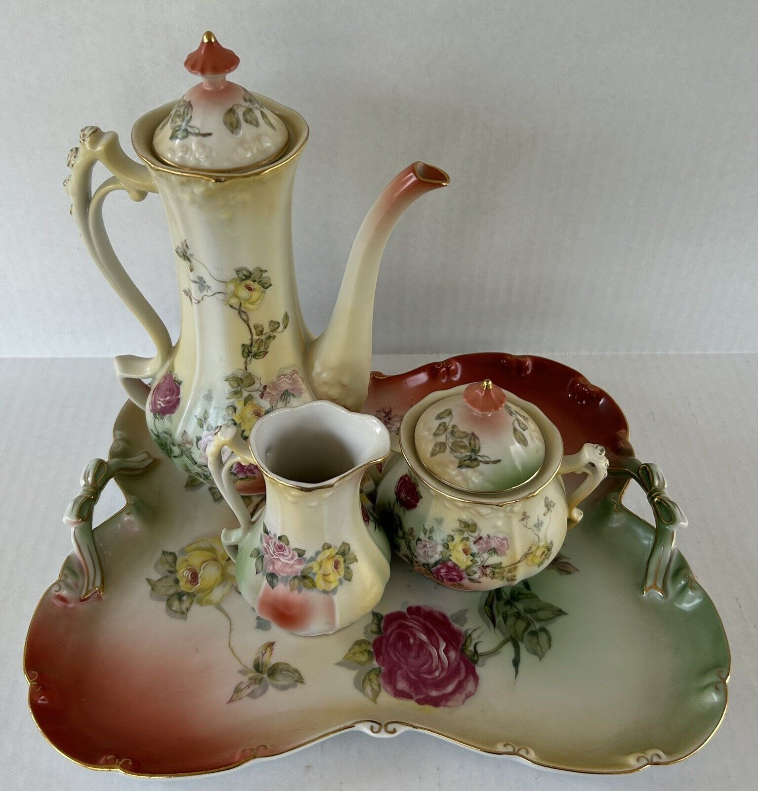 Prussian Style Tea Set Tea Pot Sugar Creamer Tray Hand Painted Porcelain 5 pcs