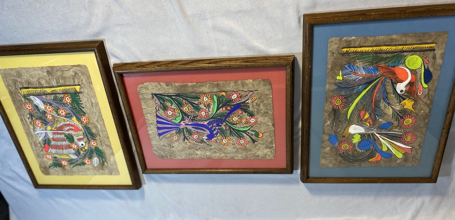 3 Vintage Mexican Bark FolkArt Gouache Painting Birds & Flowers Framed 17x13 3 Vintage Mexican Bark FolkArt Gouache Painting Birds & Flowers Framed 17x13