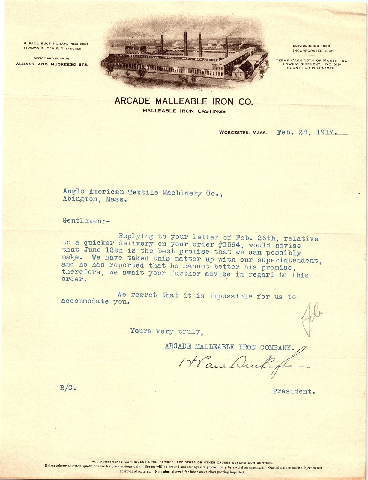 1917 Arcade Malleable Iron Co. letterhead, Worcester, MA 1917 Arcade Malleable Iron Co. letterhead, Worcester, MA