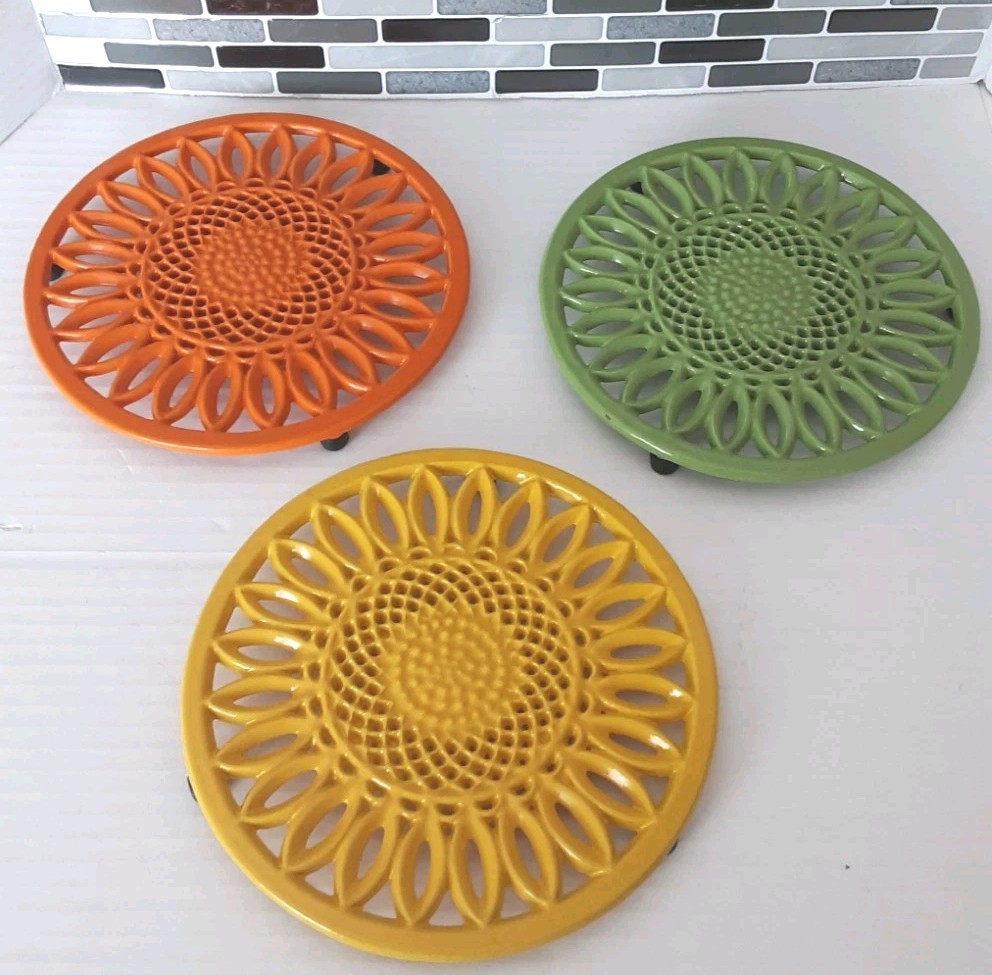 3 World Market Cast Iron Enamel Footed Sunflower Trivets 3 World Market Cast Iron Enamel Footed Sunflower Trivets