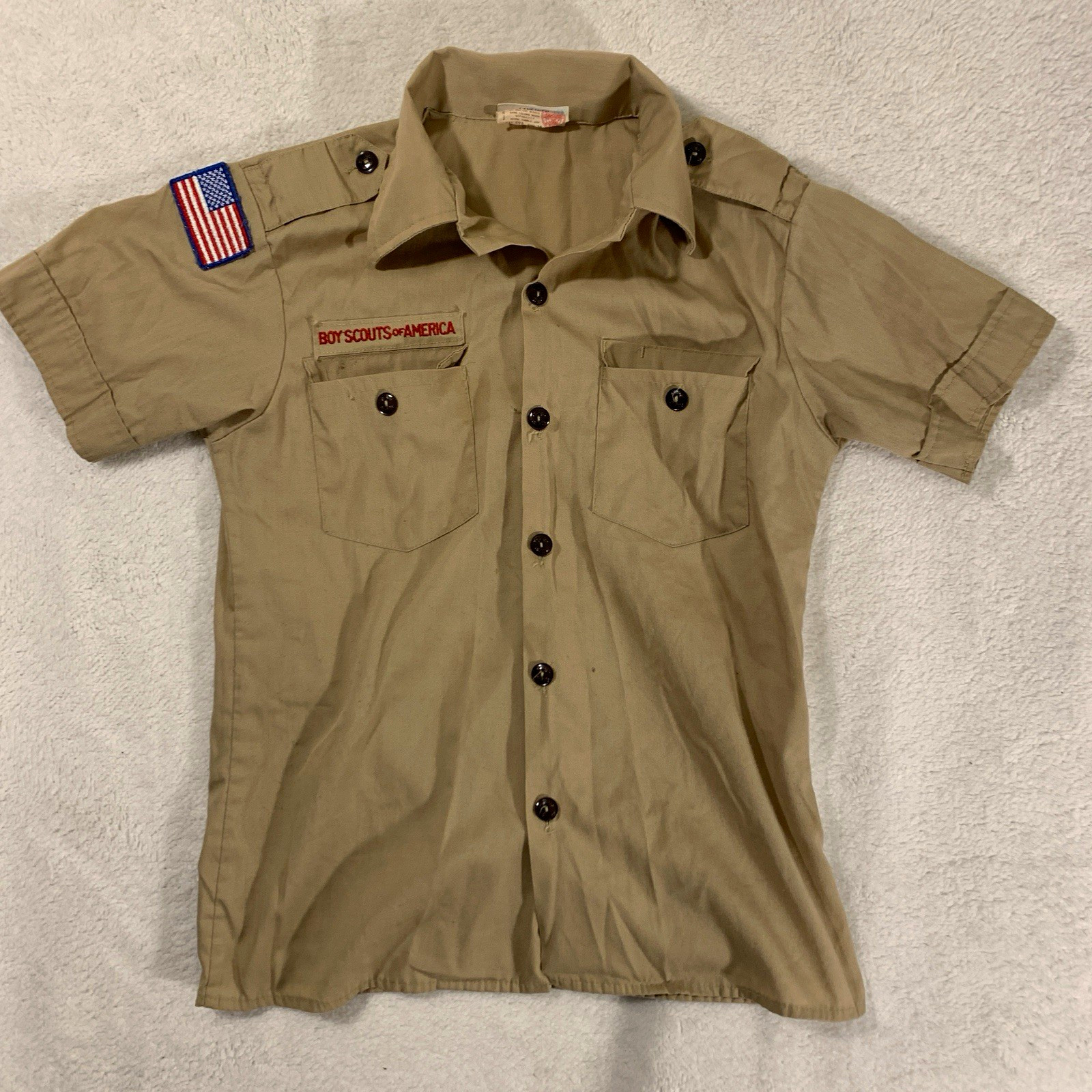 VTG 80s Boy Scout of America BSA Official Tan Short Sleeve Shirt Flag Patch 1983 VTG 80s Boy Scout of America BSA Official Tan Short Sleeve Shirt Flag Patch 1983