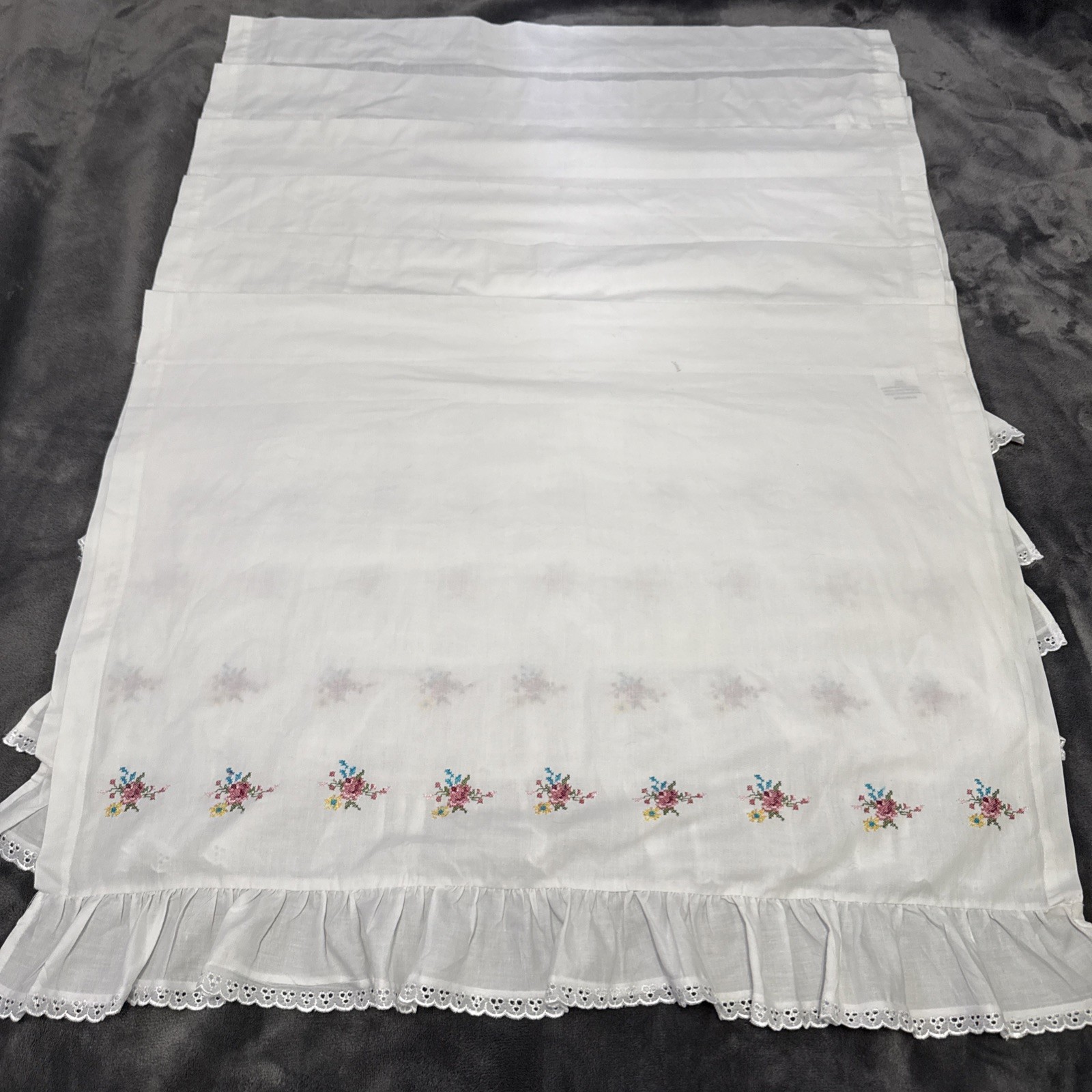 Vintage Floral Cross Stitch Curtains 6 Panels White Ruffle Lace 23.5x29.5
