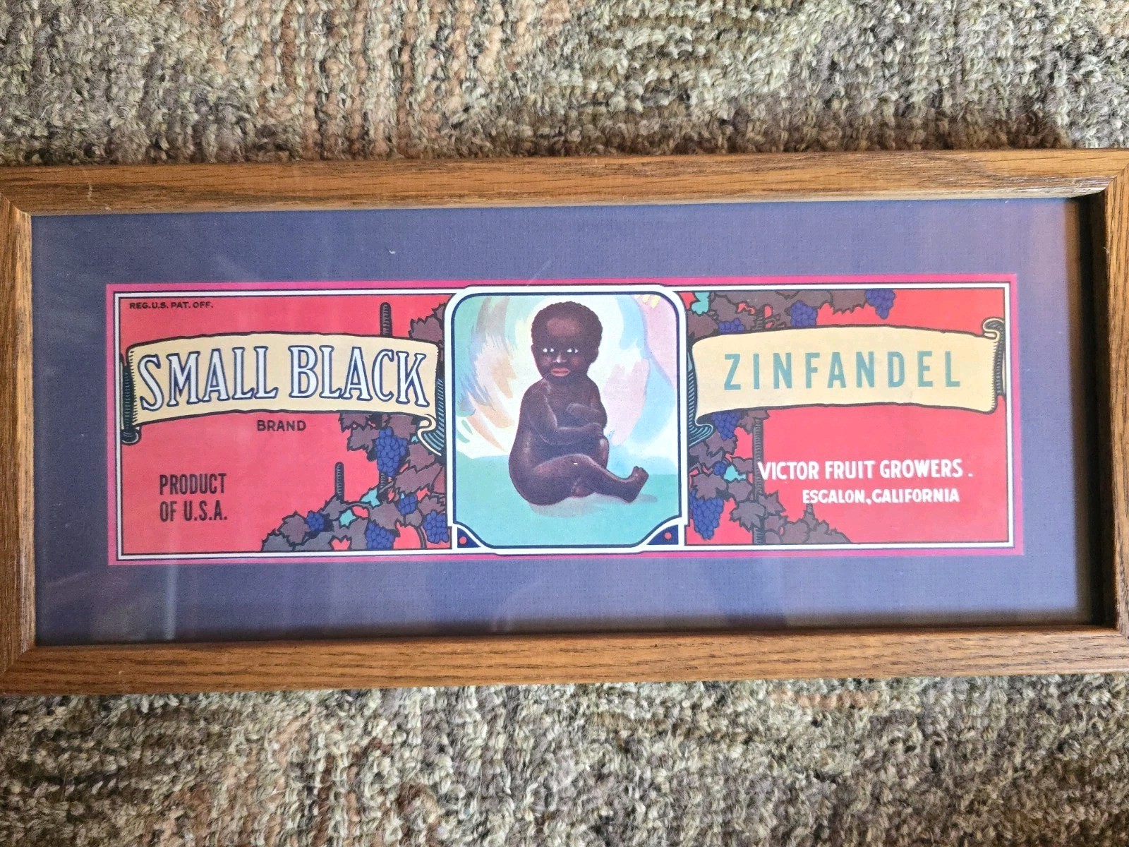 Vtg Framed Small Black Brand Zinfandel Grape Crate Label Reproduction 1980s-90s