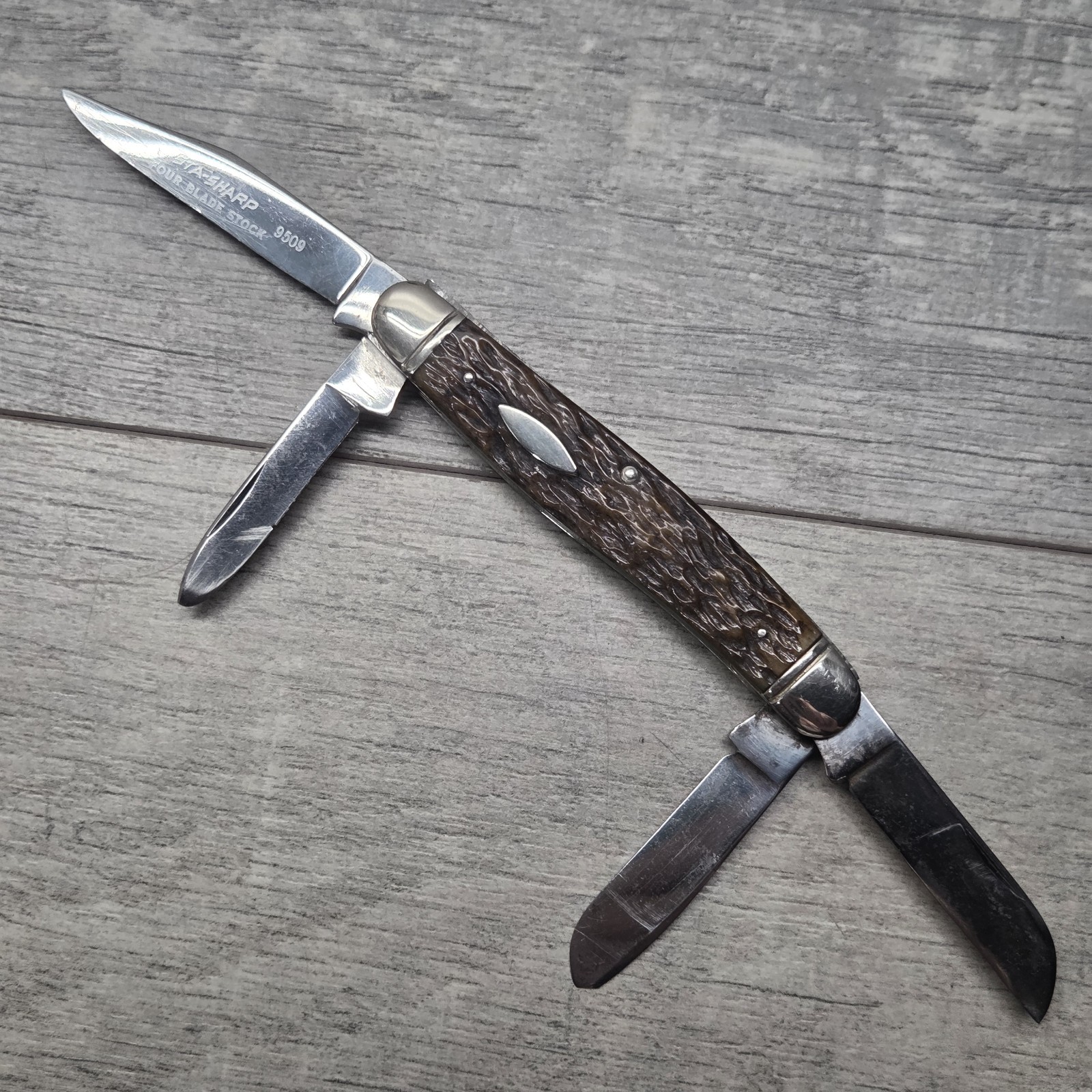 Vintage Sta-Sharp 9509 Four Blade Stock Knife Jigged Bone Sears Camillus USA
