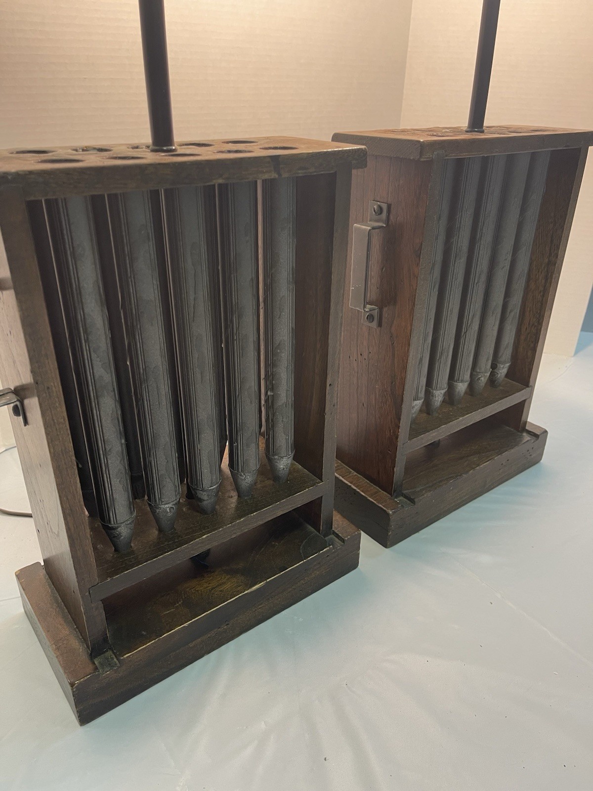 Pair Vintage Wood & Metal 10-Tube Candle Mold Table Lamps 25” Primitive Decor