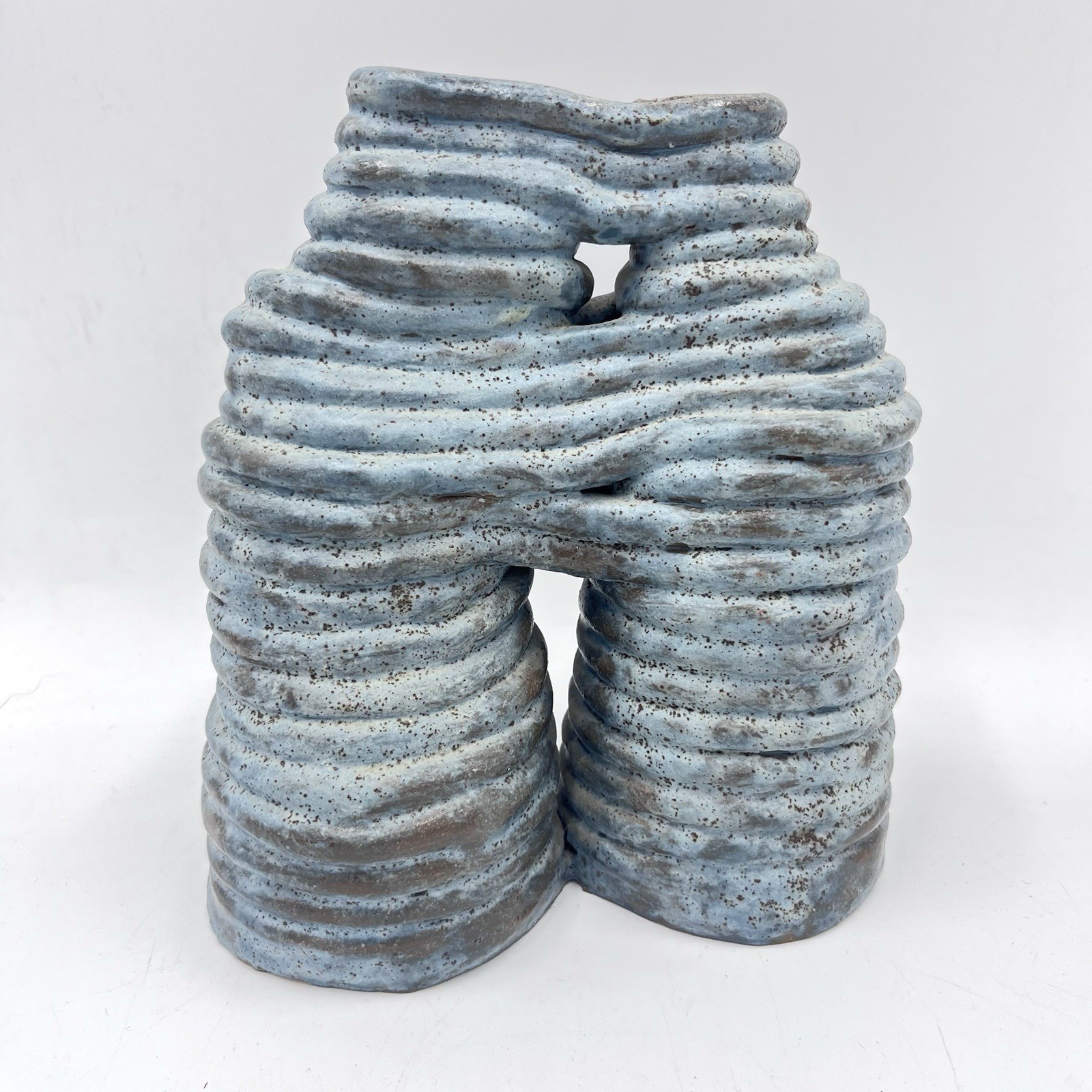 Vtg Brutalist style Coil Pottery Couple Exposed Rope Double Blue Green Vase 7.5” Vtg Brutalist style Coil Pottery Couple Exposed Rope Double Blue Green Vase 7.5”