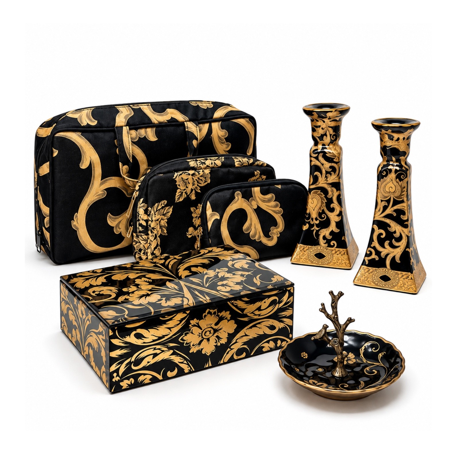 Vintage Black Gold Baroque Matching Multi-Piece Vanity Set, 4 Pieces Vintage Black Gold Baroque Matching Multi-Piece Vanity Set, 4 Pieces