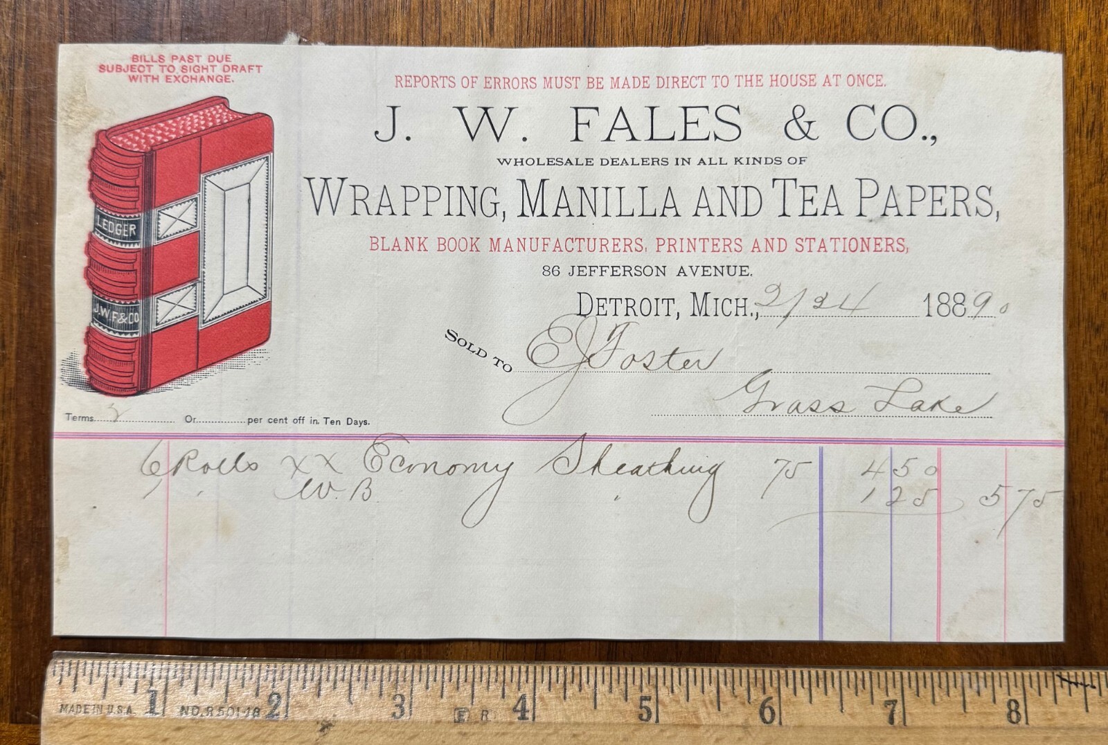 1889 graphic billhead JW Fales tea papers ledger book printers Detroit MI 1889 graphic billhead JW Fales tea papers ledger book printers Detroit MI